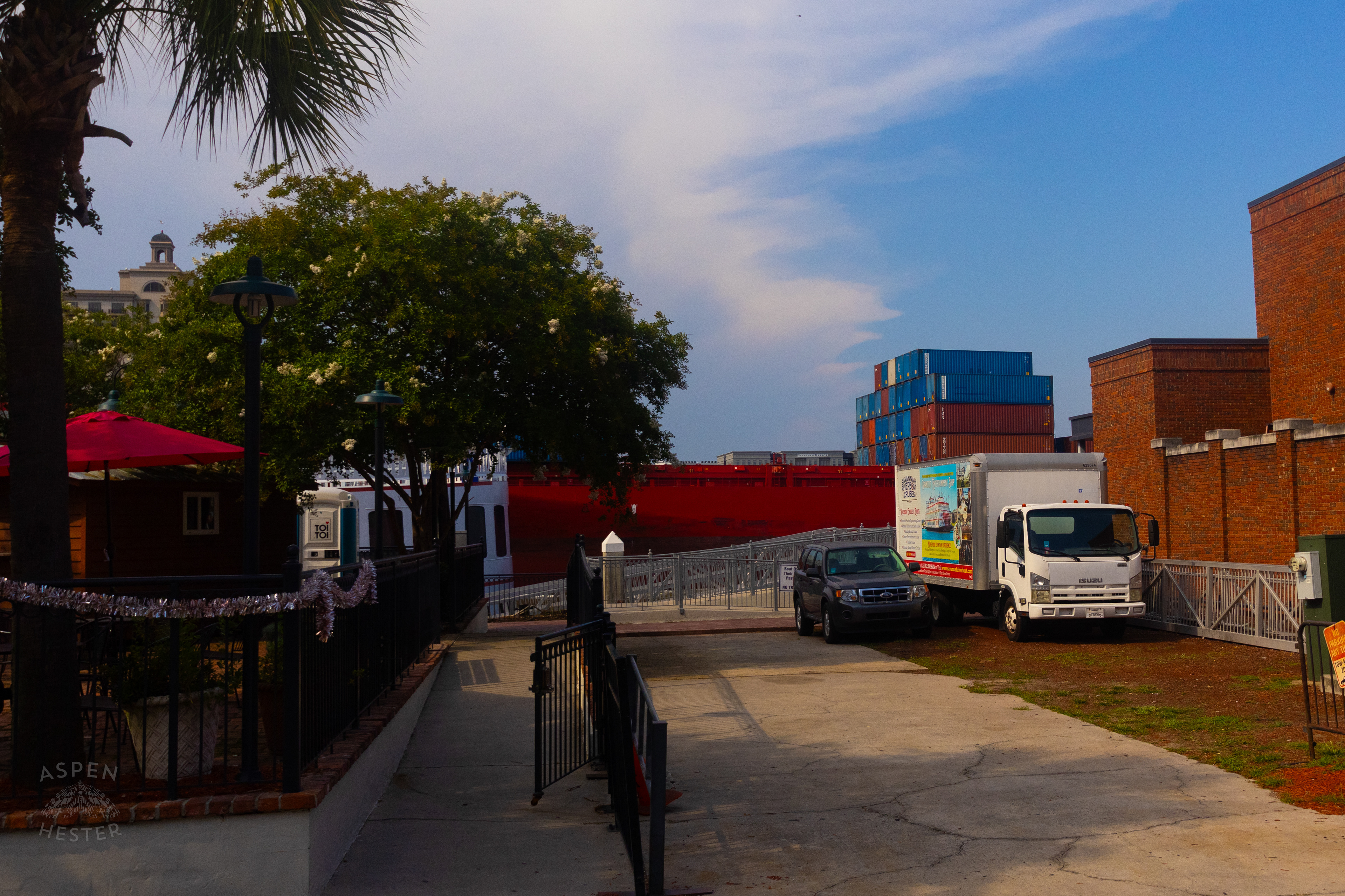 Cargo Ship Sailing Down The Savanah River From River Street in Savannah Georgia. June 26th, 2024/Aspen Hester