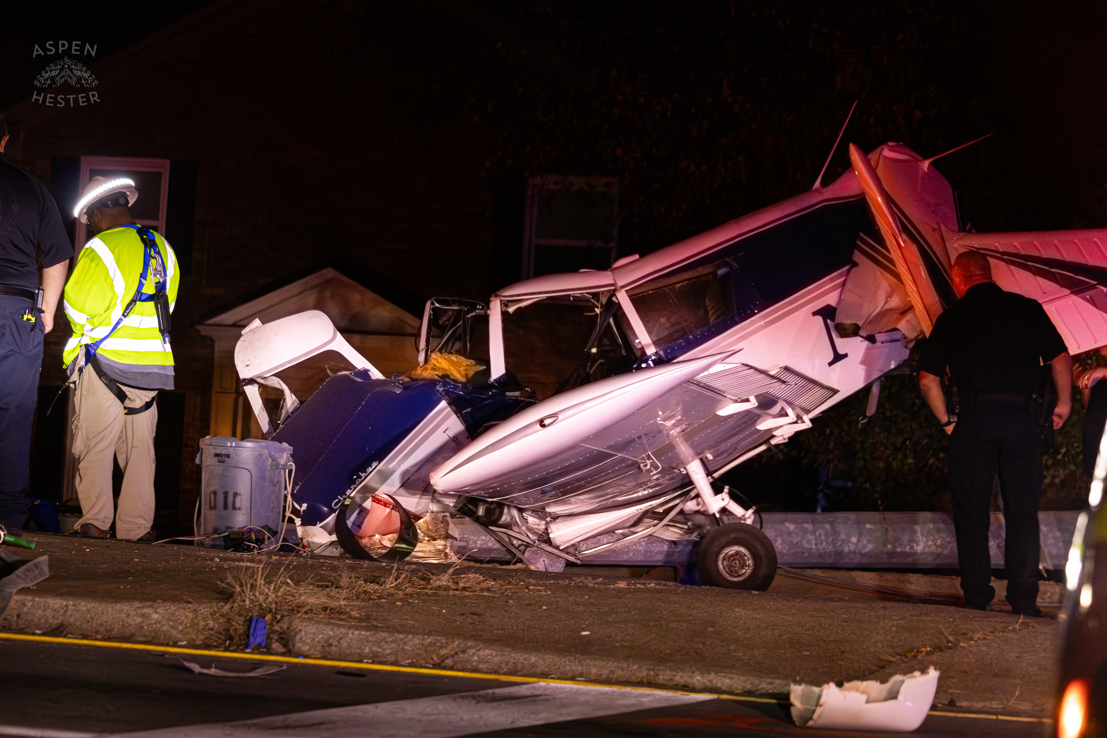 The Piper Cherokee Plane Crumpled after it Crash Landed, Taking Out Utility Poles, and Hitting A Car on Breckenridge Lane and Kresge Way. October 11th, 2024/Aspen Hester 
