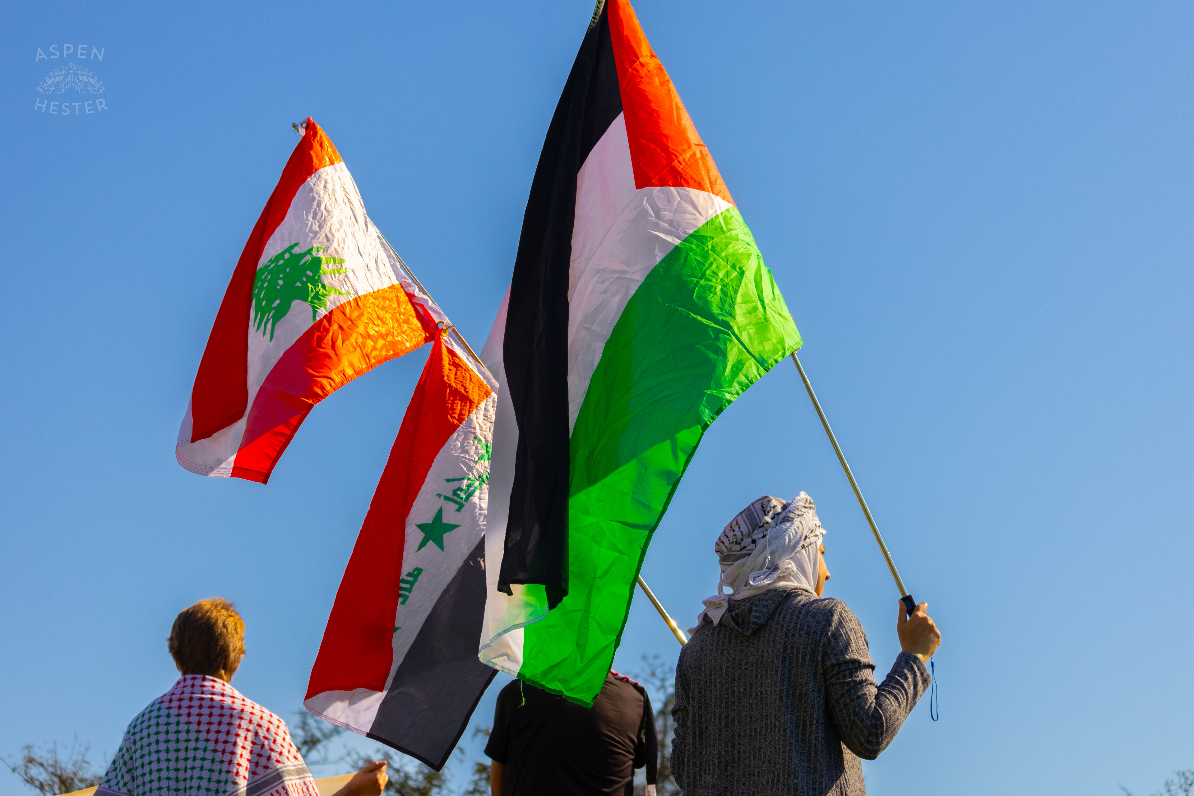 Palestinian Flags Fly During Lousiville’s One Year of Gaza Genocide Rally. October 5th, 2024/Aspen Hester 