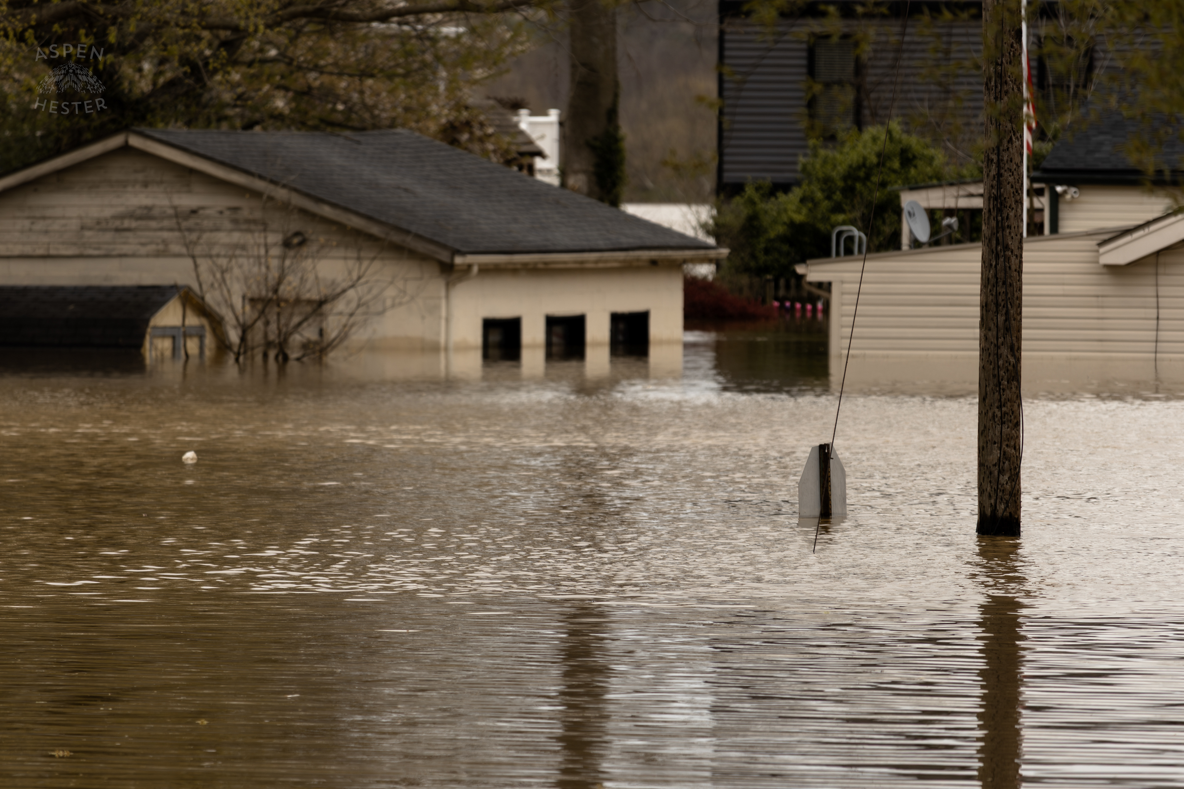 A Stop Sign Almost Fully Submerged Amid The Historic Flooding in Utica Indiana. April 9th, 2025/Aspen Hester