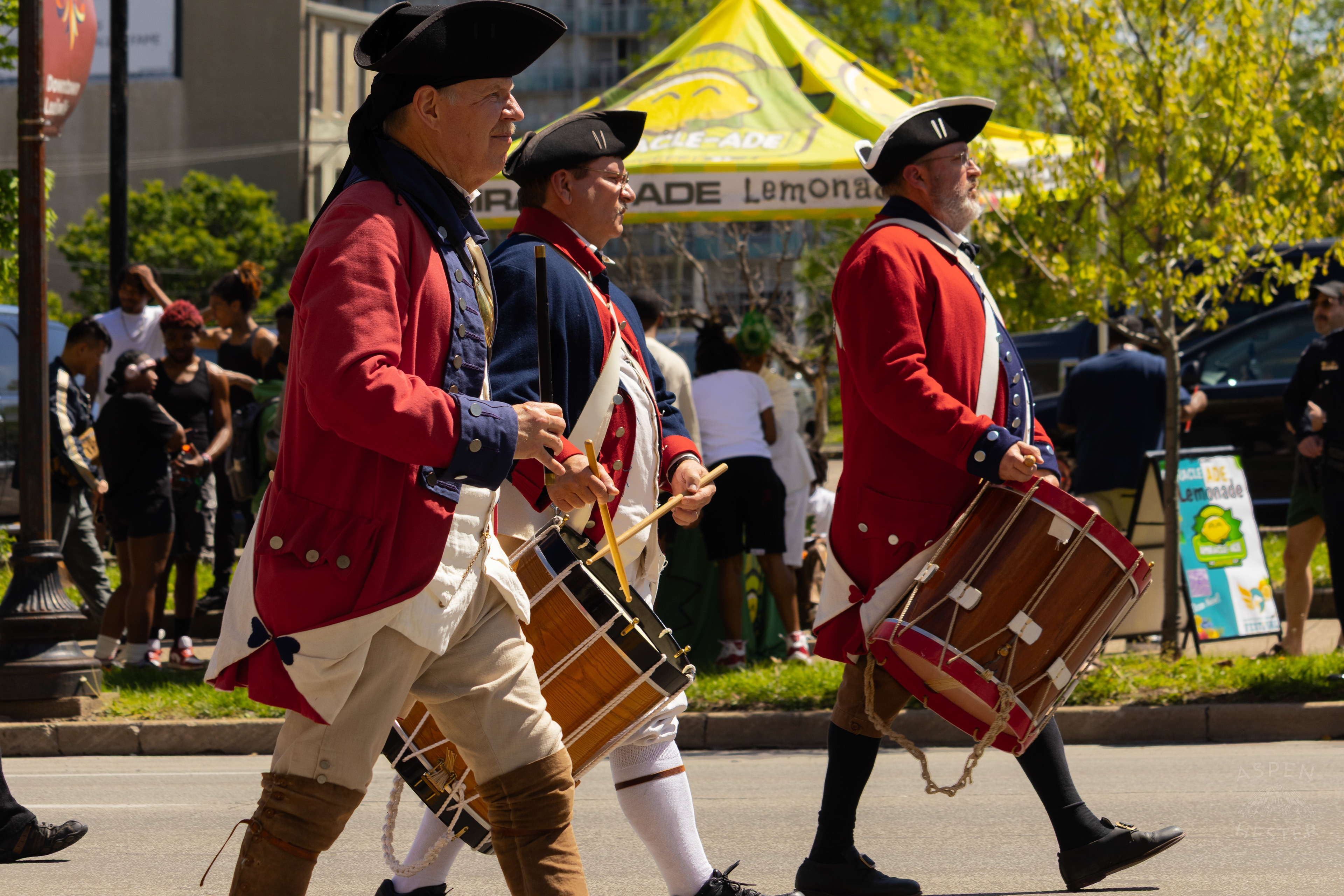 Drummers for The Sons of The American Revolution Play as They Walks Down West Broadway for The 70th Annual Pegasus Parade. April 27th, 2025/Aspen Hester
