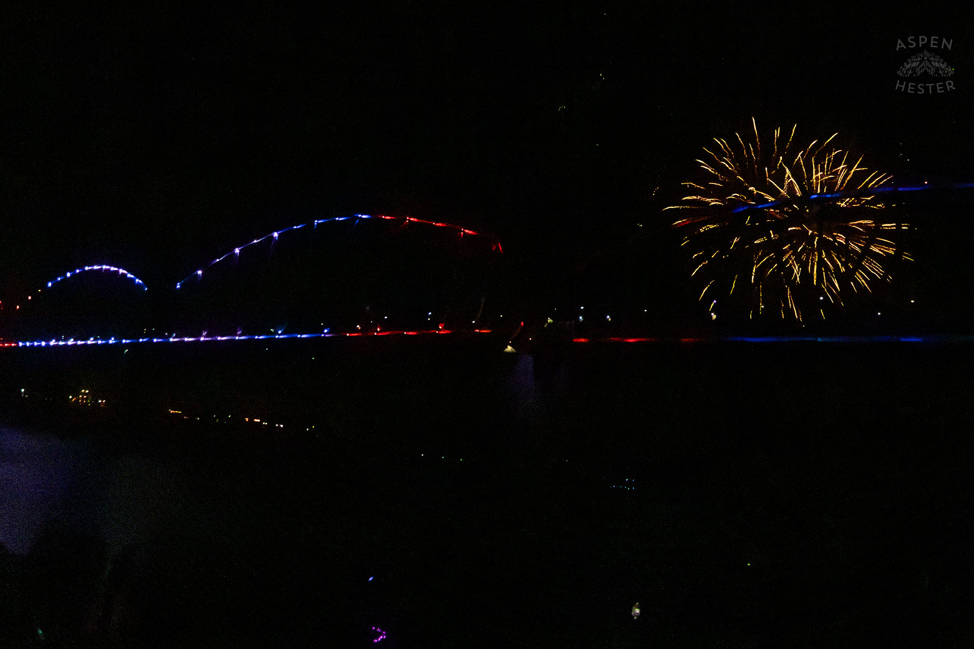 The Big Four Bridge During The Fireworks Show at Waterfront Park Fourth of July. July 4th, 2024/Aspen Hester