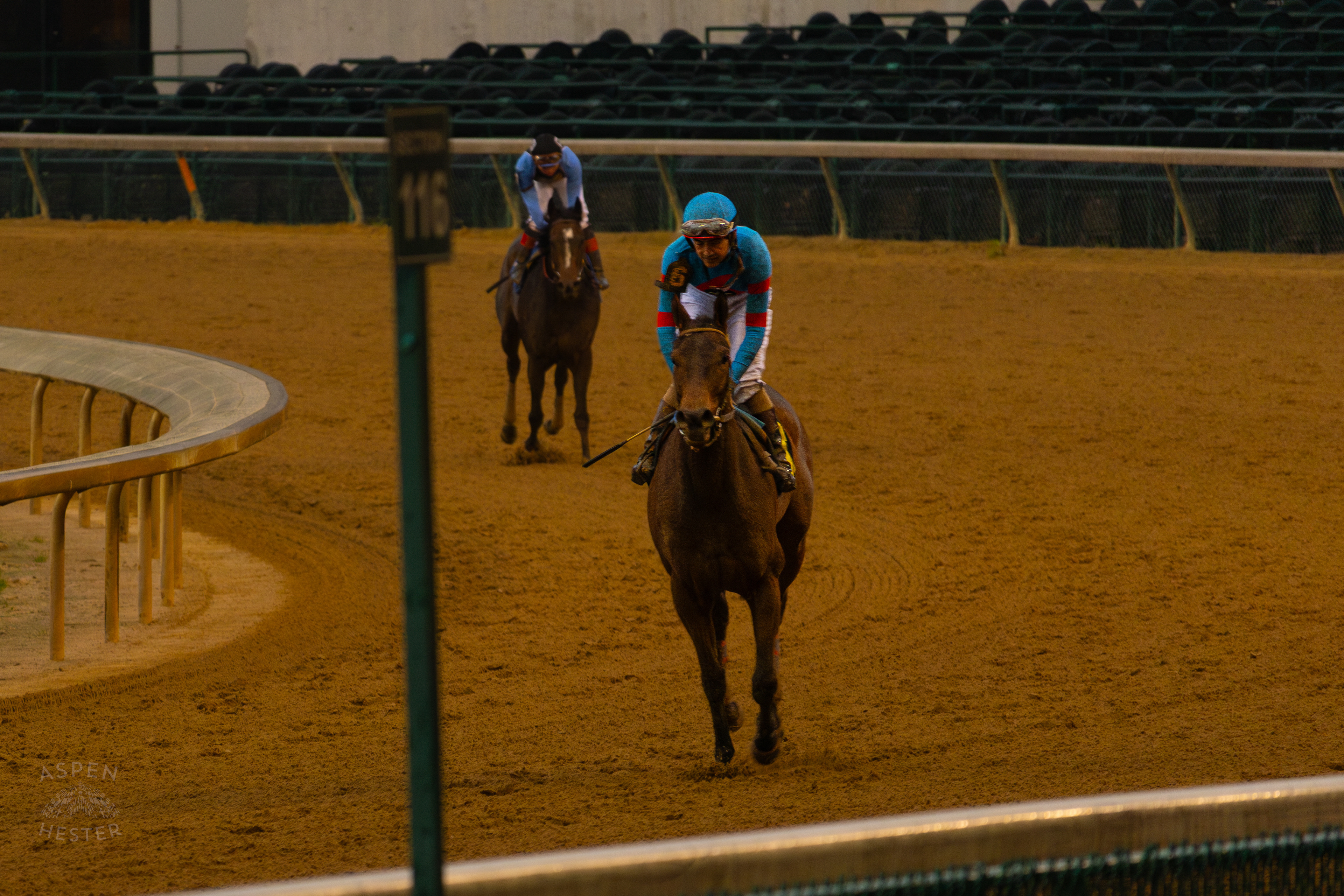 Horse #6 Candy Lover Ridden by Jockey Brian Hernandez Jr. In Front of Horse #3 Yo Puedo Ridden by Jockey Cristian Torres After Running in Race 8 On The Day Bob Baffert Returned to Churchill Downs After A 3 Year Suspension. November 27th, 2024/Aspen Hester