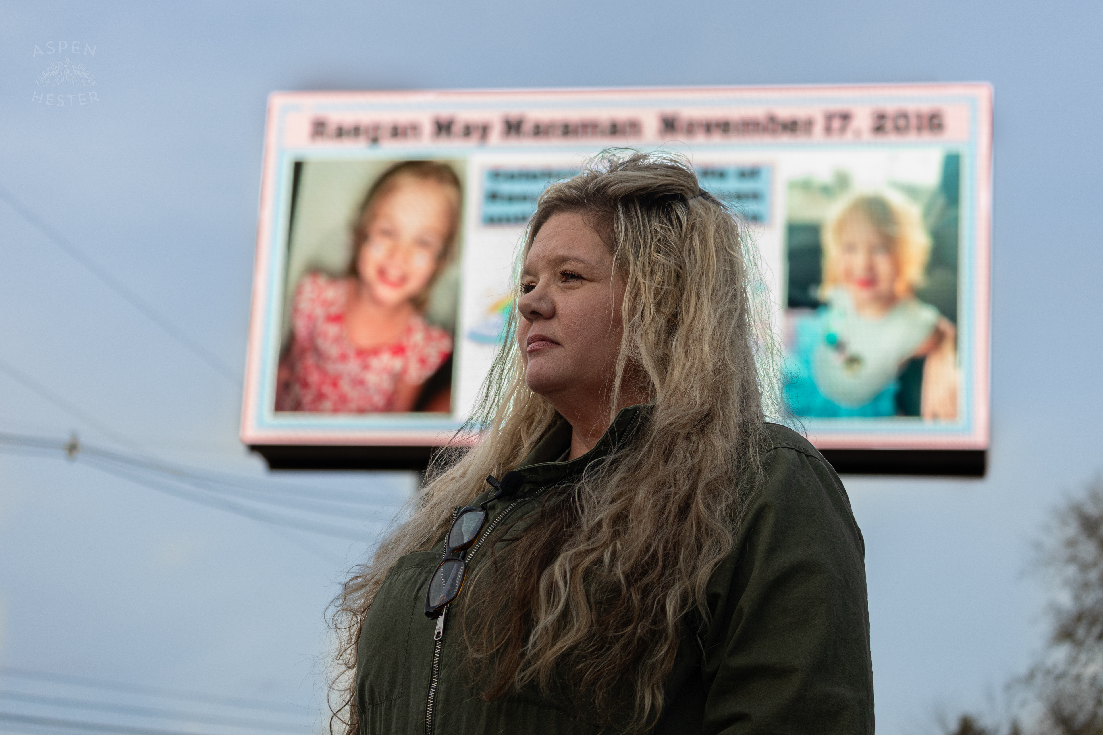 Tina Swann Standing In Front of The Billboard She Pays for and Designs in Remembrance Every Year on Her Granddaughter Raegan Maramans Birthday so That The Community of Lebanon Junction Never Forgets Her Tragic House Fire Death. November 17th, 2024/Aspen Hester
