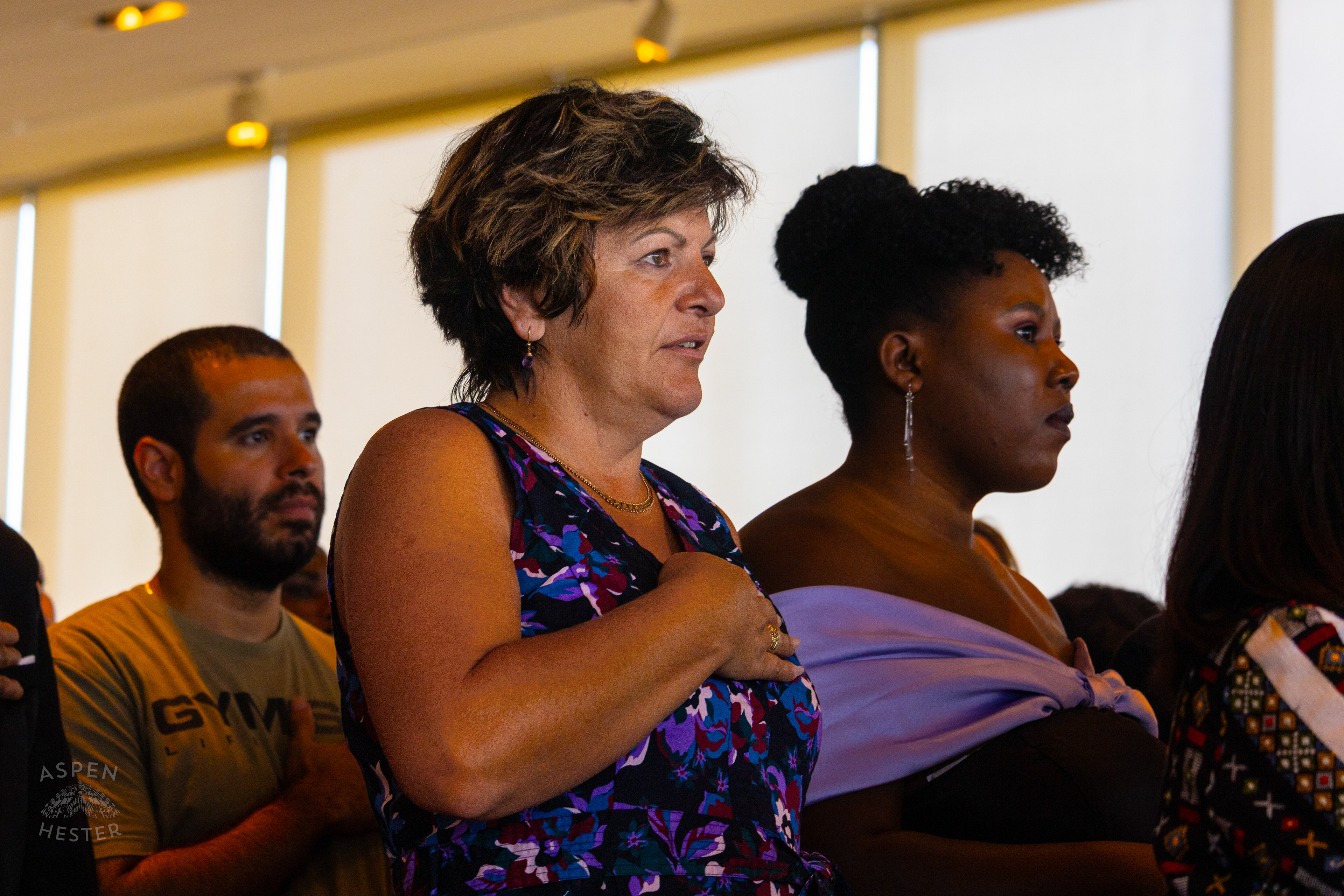 Migrant from Bosnia and Herzegovina Says the Pledge of Allegiance for the First Time as An American Citizen During WorldFest's Naturalization Ceremony. August 30th, 2024/Aspen Hester 