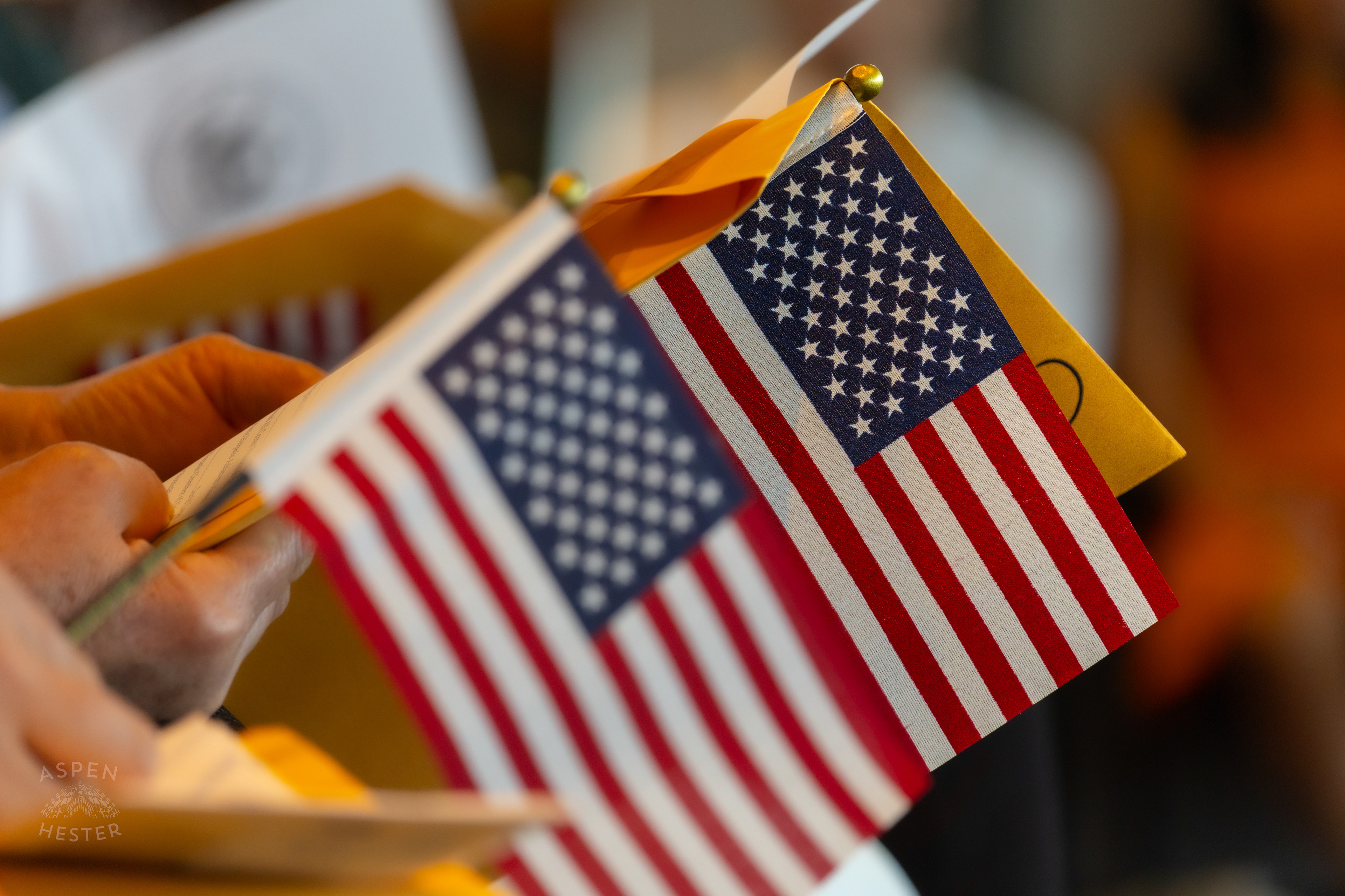 Migrants Holding American Flags at WorldFest's Naturalization Ceremony. August 30th, 2024/Aspen Hester