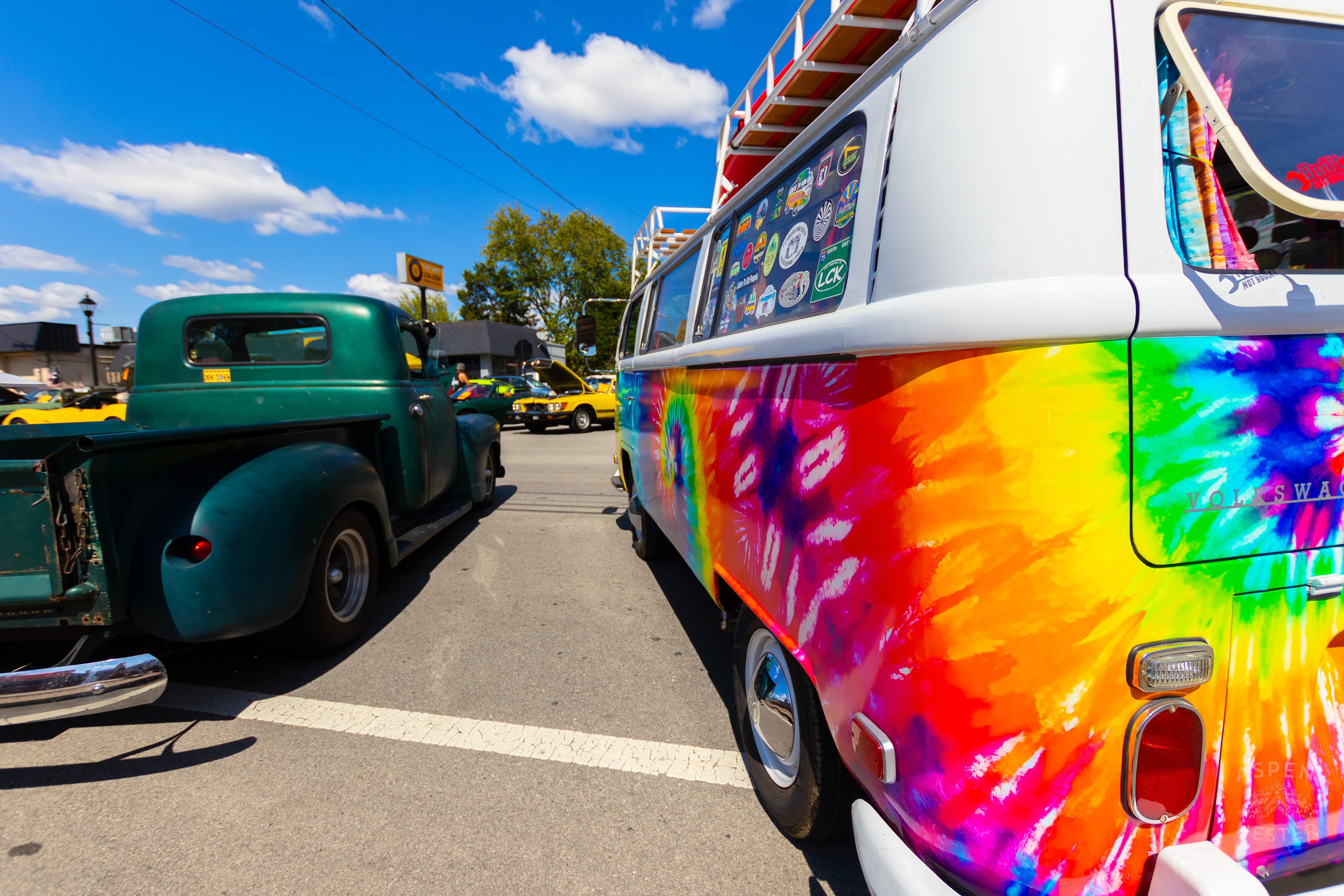 A Rainbow Tie Dye Volkswagen Bus on Display at The 2024 Jeffersontown Gaslight Festival. September 15th, 2024/Aspen Hester