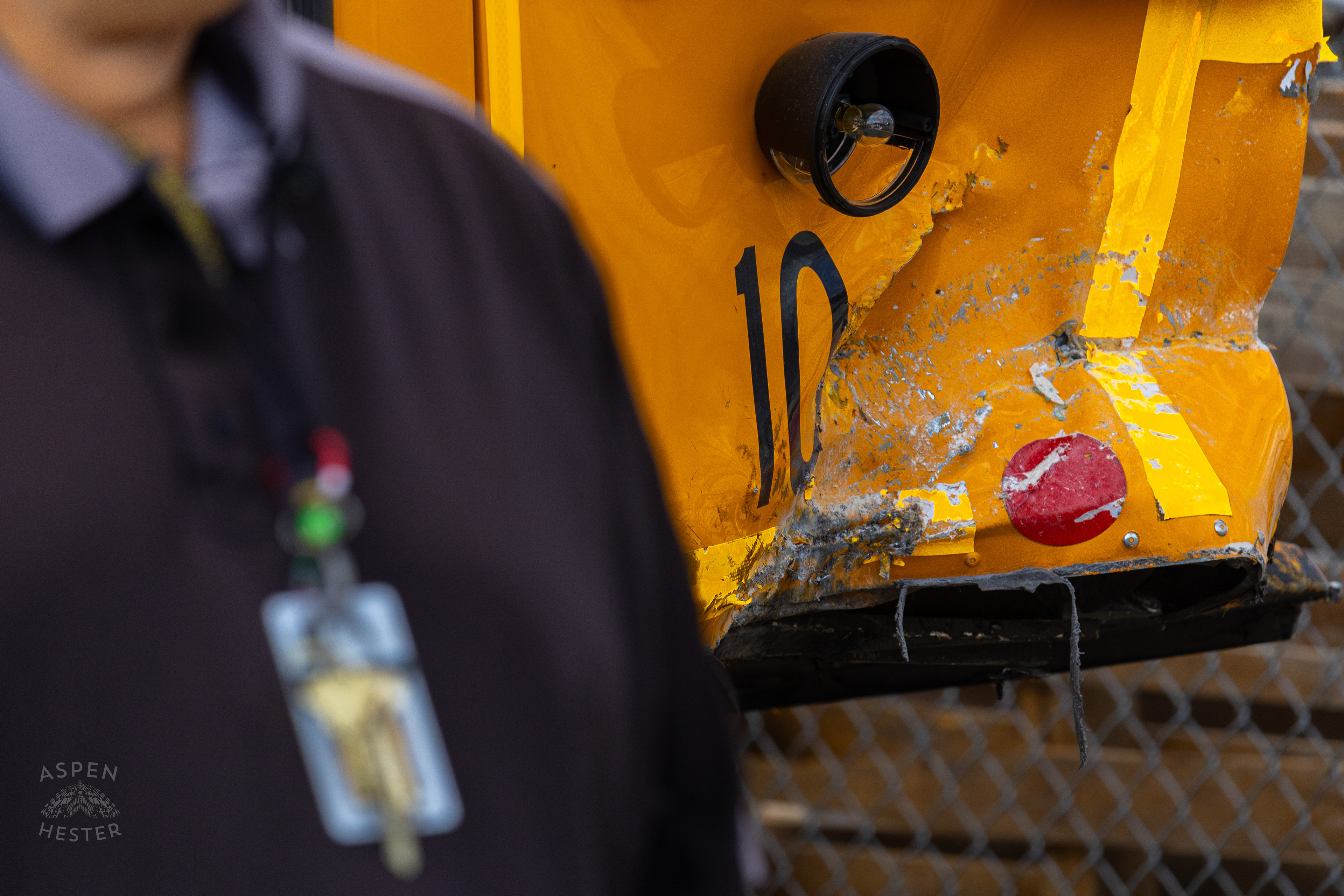 Michael Cain Next to The Clarksville Community School Cooperation Bus He Was Driving After A Dodge Charger Crashed into it at Full Speed. August 14th, 2024/Aspen Hester