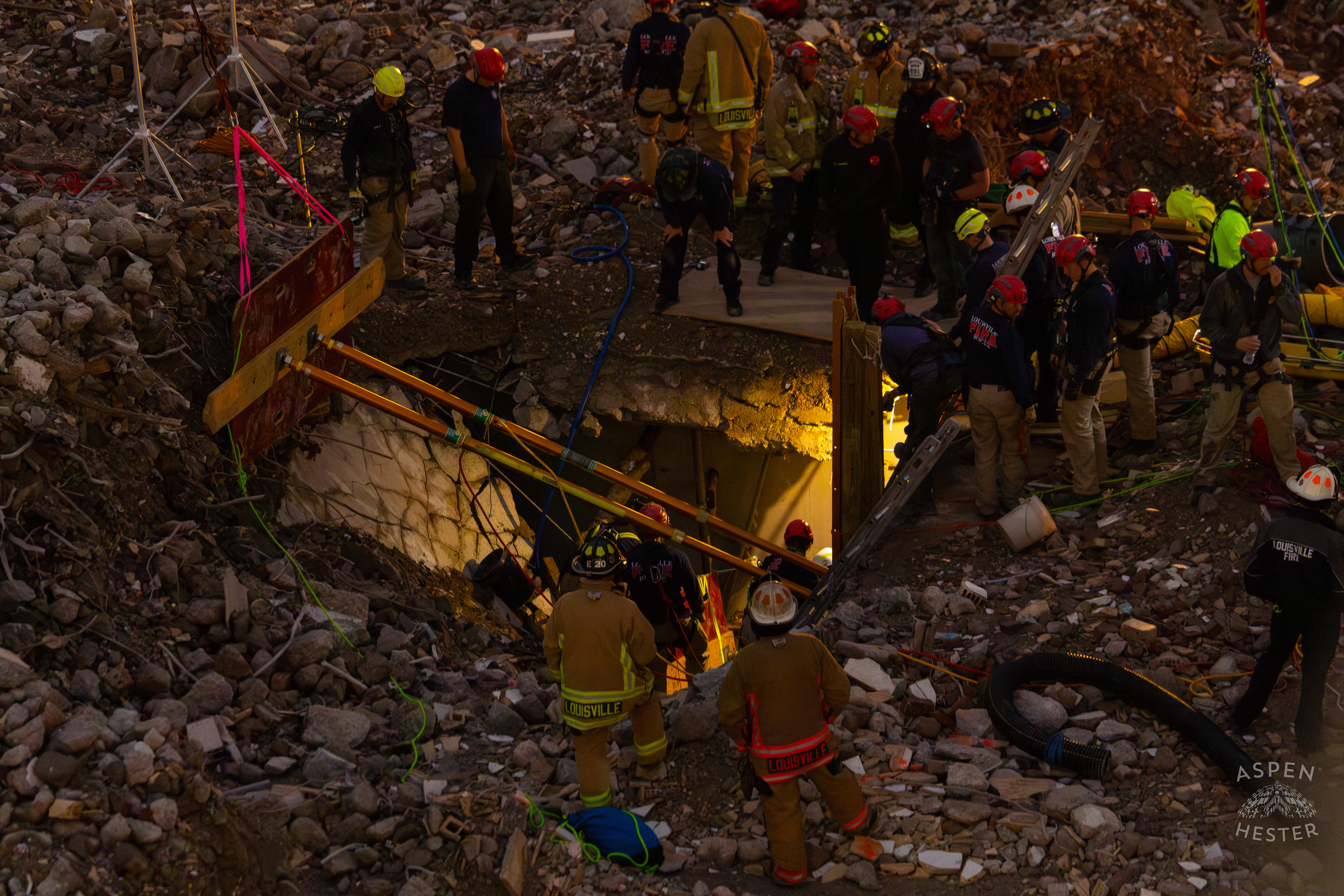 Crew Members Communicate with and Watch Their Crewmates Working Deep Underground During the 8+ Hour LFD Effort to Free A Trapped Demo Worker. November 11th, 2024/Aspen Hester