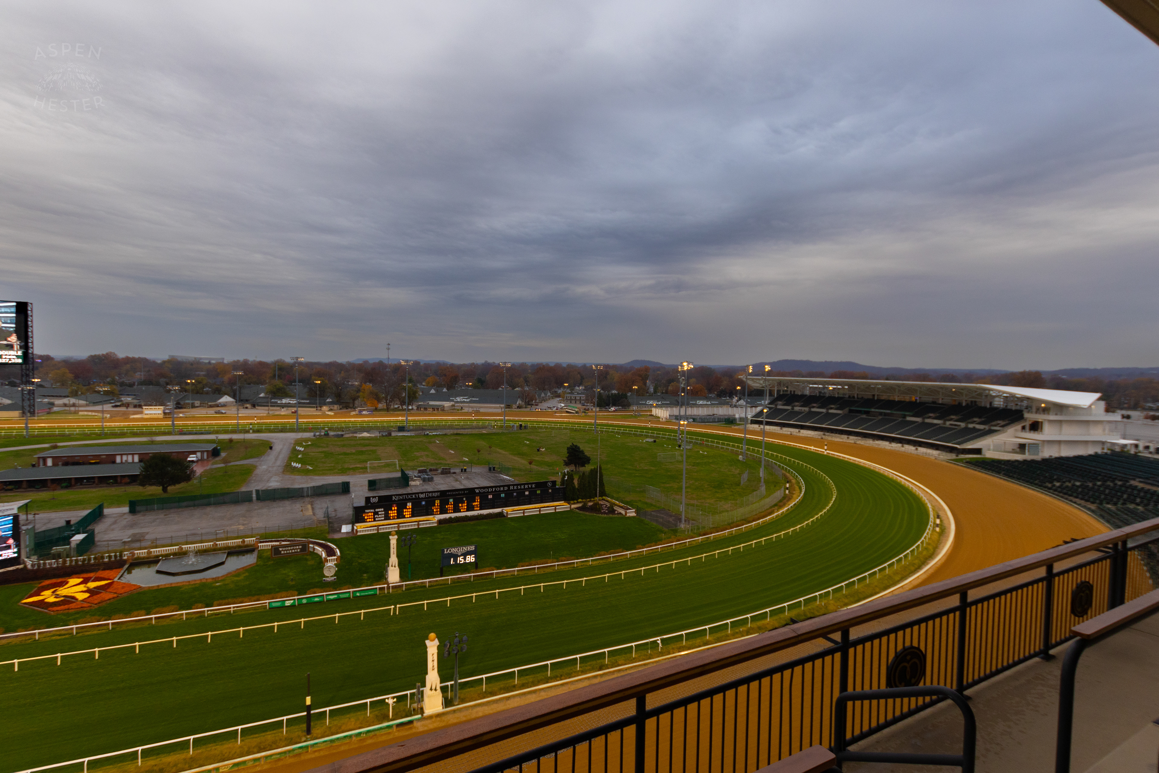 The Track Seen From The 6th Floor Mansion Balcony On The Day Bob Baffert Returned to Churchill Downs After A 3 Year Suspension. November 27th, 2024/Aspen Hester