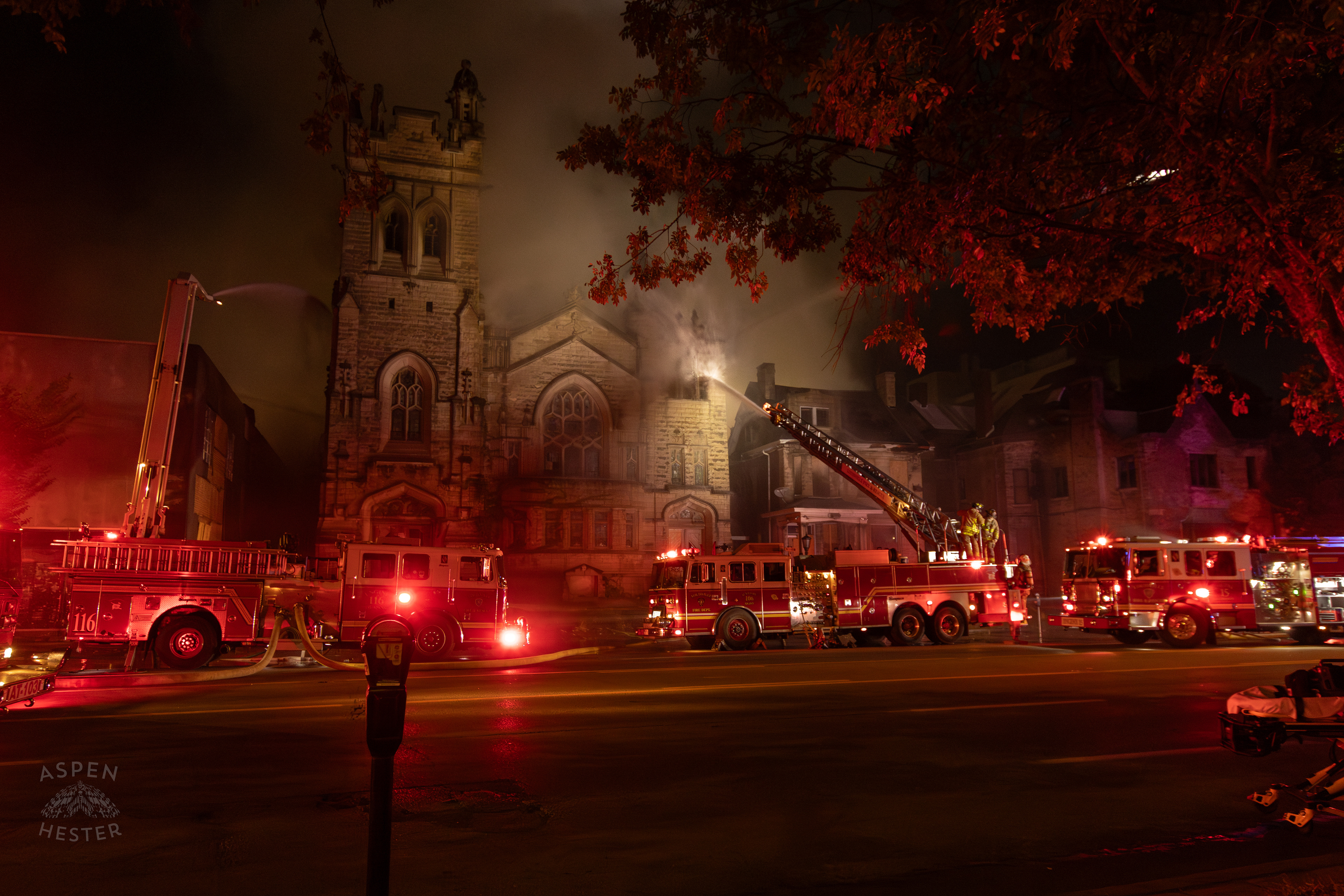 The Scene of a Massive 3 Alarm Blaze Engulfing The Vacant St. Paul's German Evangelical Church on East Broadway. October 9th, 2024/Aspen Hester