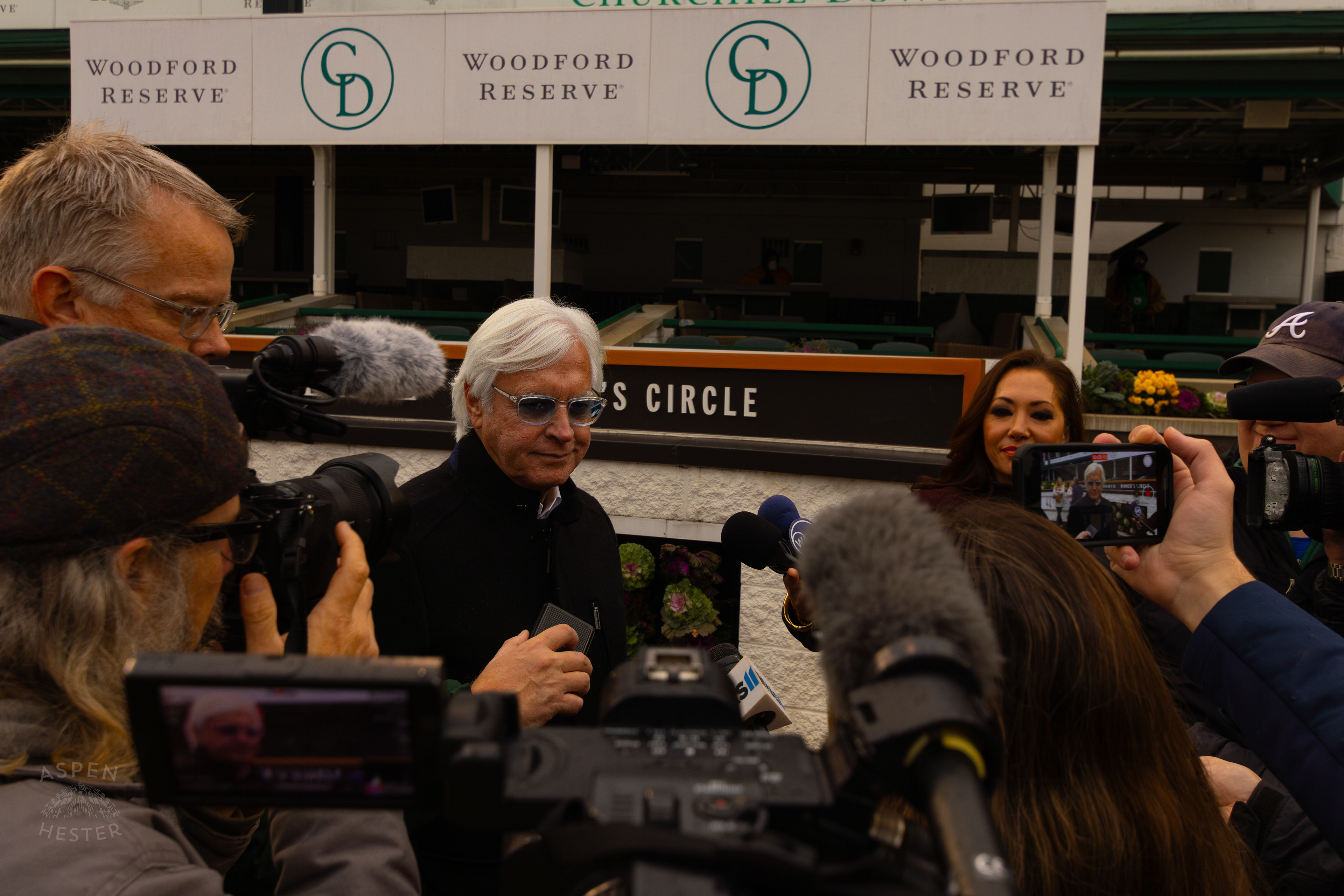 Bob Baffert Surrounded By Local Reporters After Winning His First Race Back at Churchill Downs After A 3 Year Suspension. November 27th, 2024/Aspen Hester