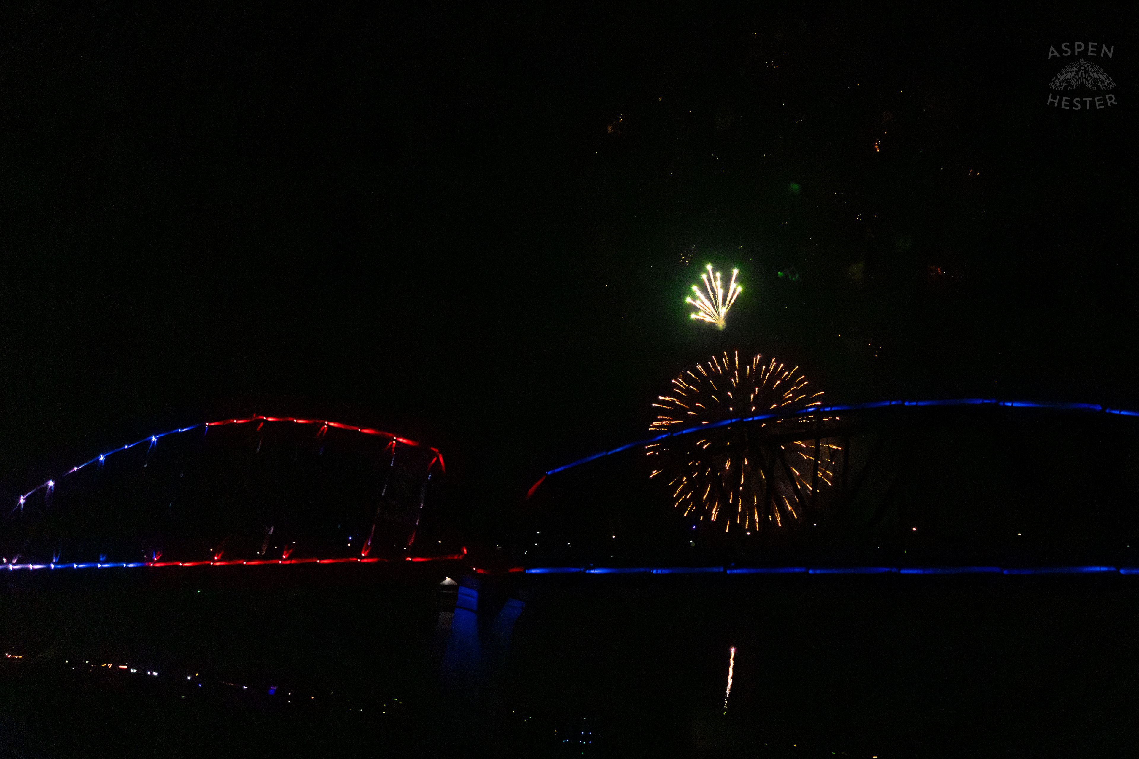 The Big Four Bridge During The Fireworks Show at Waterfront Park Fourth of July. July 4th, 2024/Aspen Hester