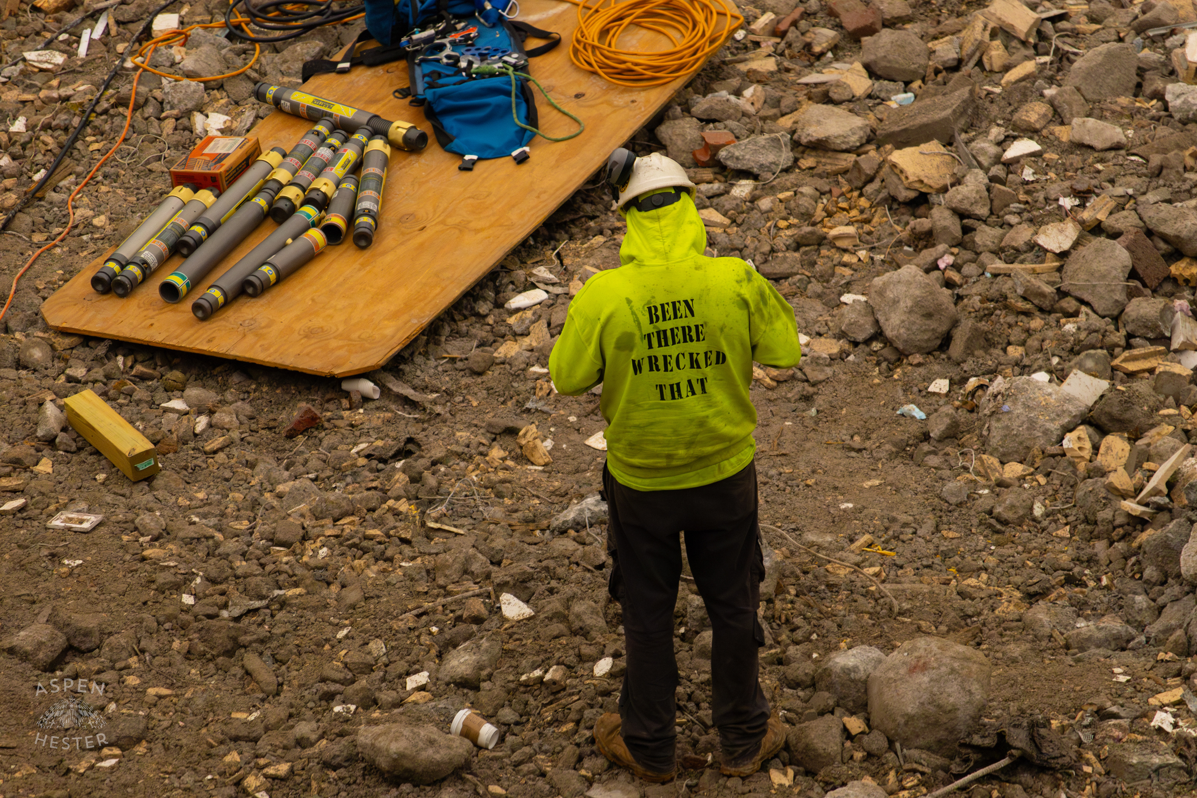 Construction Worker Anxiously Watches the 8+ Hour LFD Effort to Free A Trapped Demo Worker. November 11th, 2024/Aspen Hester