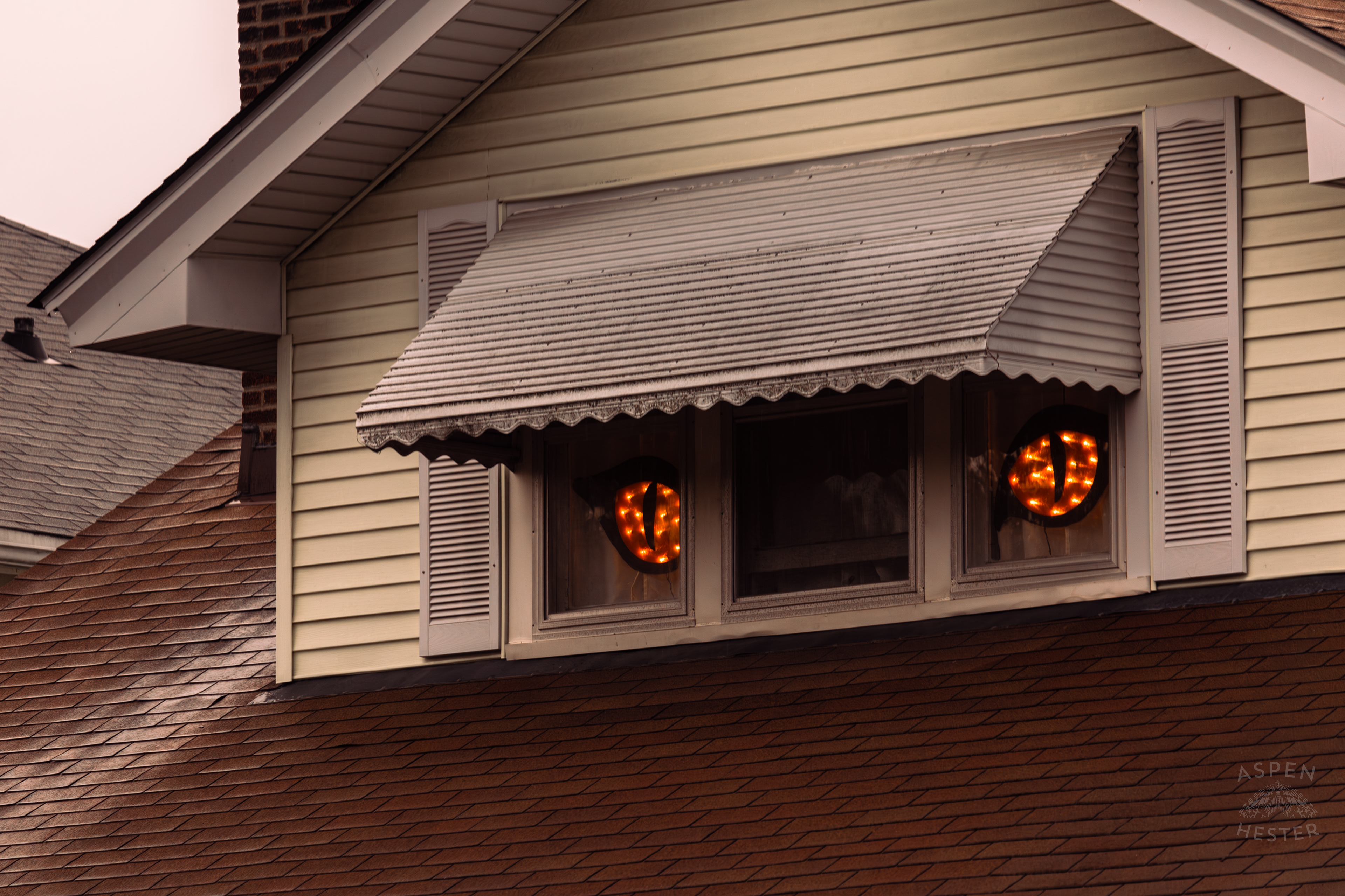 Attic Eyes Along Hillcrest Avenue on Halloween Night. October 31st, 2024/Aspen Hester
