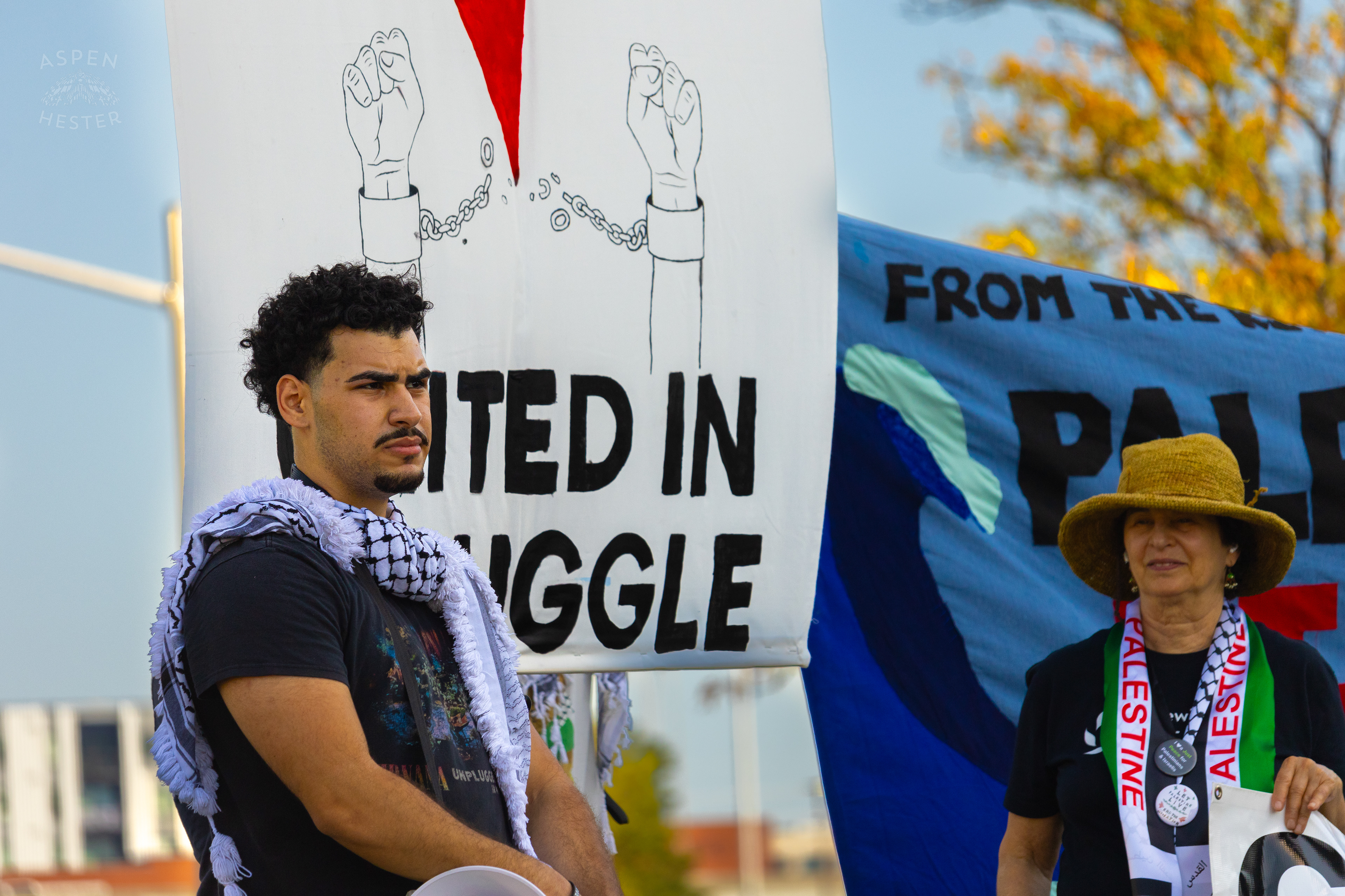 Protesters Standing Strong and Demanding Divestment and Peace During Lousiville’s One Year of Gaza Genocide Rally. October 5th, 2024/Aspen Hester 