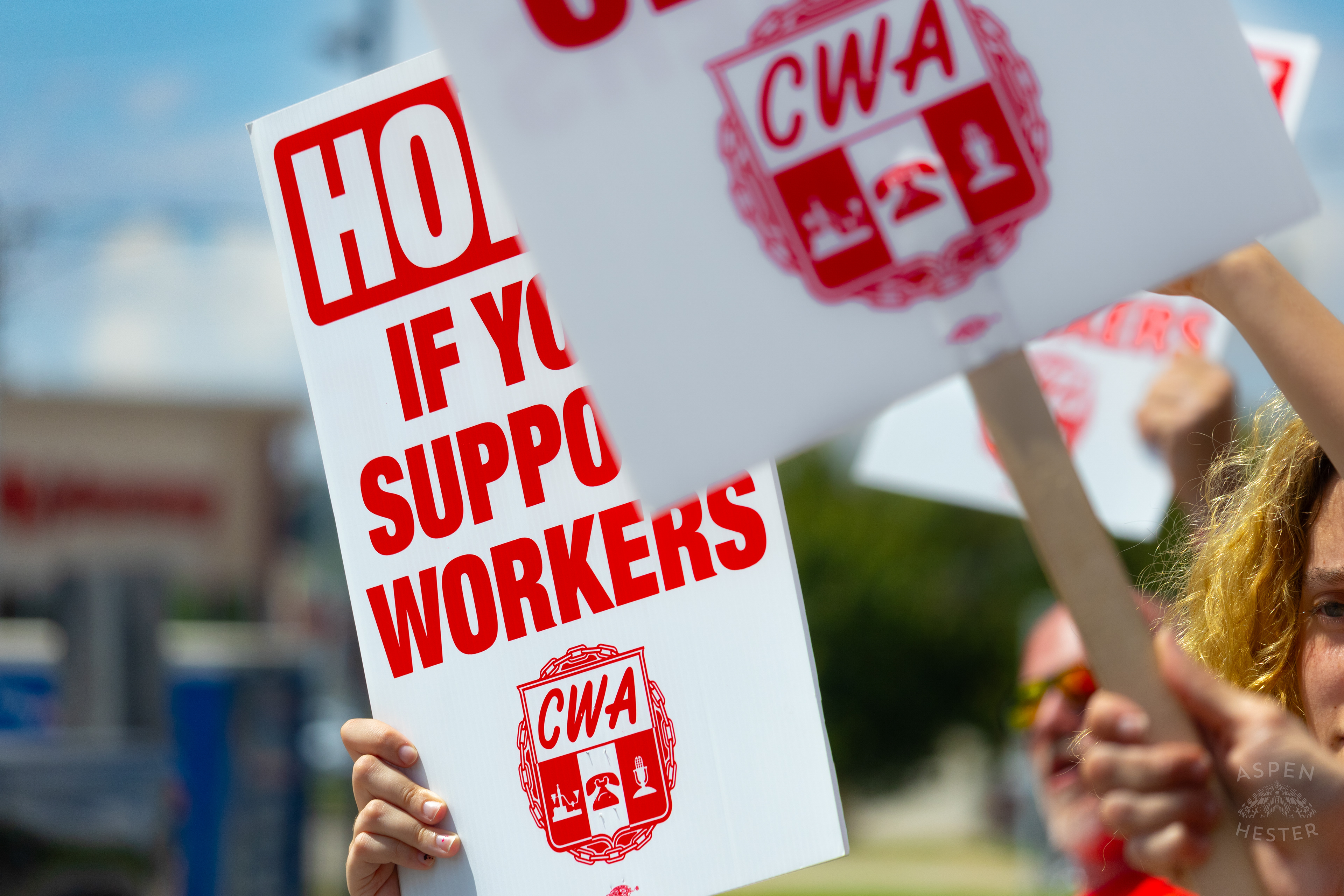 Signs Used by Members of The Communication Workers of America Union and Supporters Striking Against AT&T for Fair Pay and Benefits. August 18th, 2024/Aspen Hester