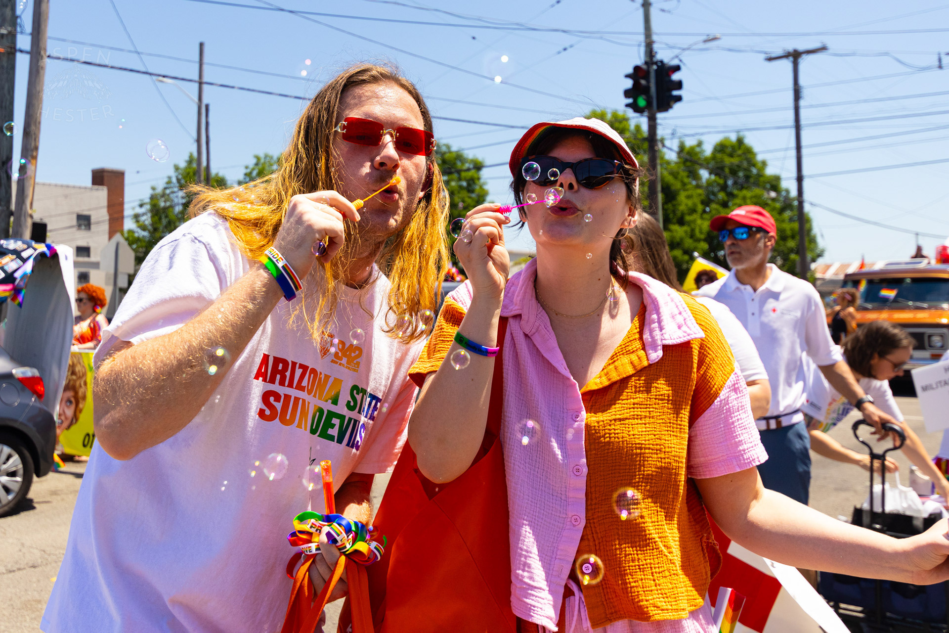 WHAS-11's Nick Scheske and Michelle Zelli in The Kentuckiana Pride Parade. June 15th, 2024/Aspen Hester