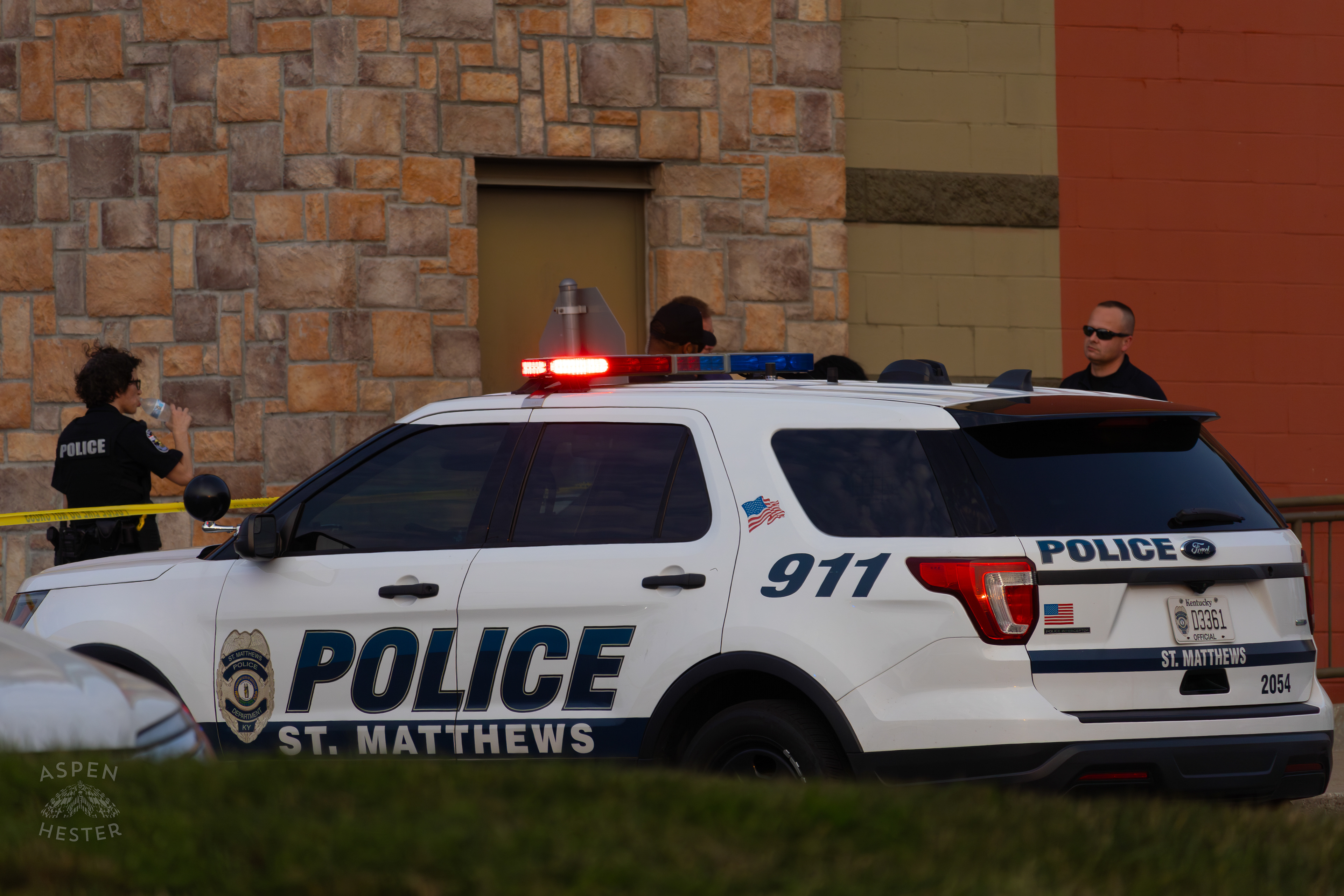 Police Car Blocking The Scene Where A Man was Critically Injured After Shooting Himself in The Head During A Police Stop Outside Mall St. Matthews. July 27th, 2024/Aspen Hester.