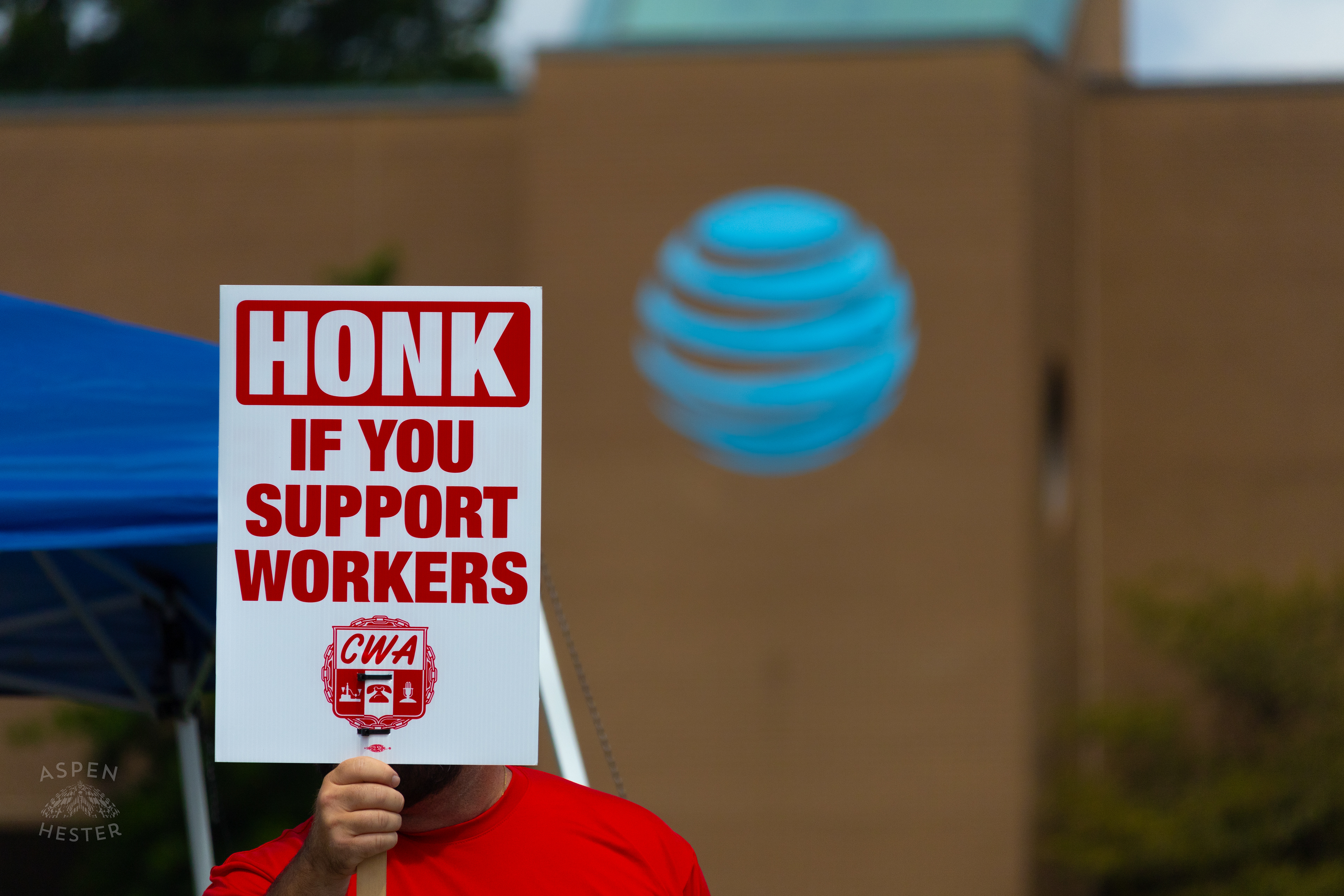 AT&T Building Backdropping Members of The Communication Workers of America Union and Supporters Striking Against AT&T for Fair Pay and Benefits. August 18th, 2024/Aspen Hester