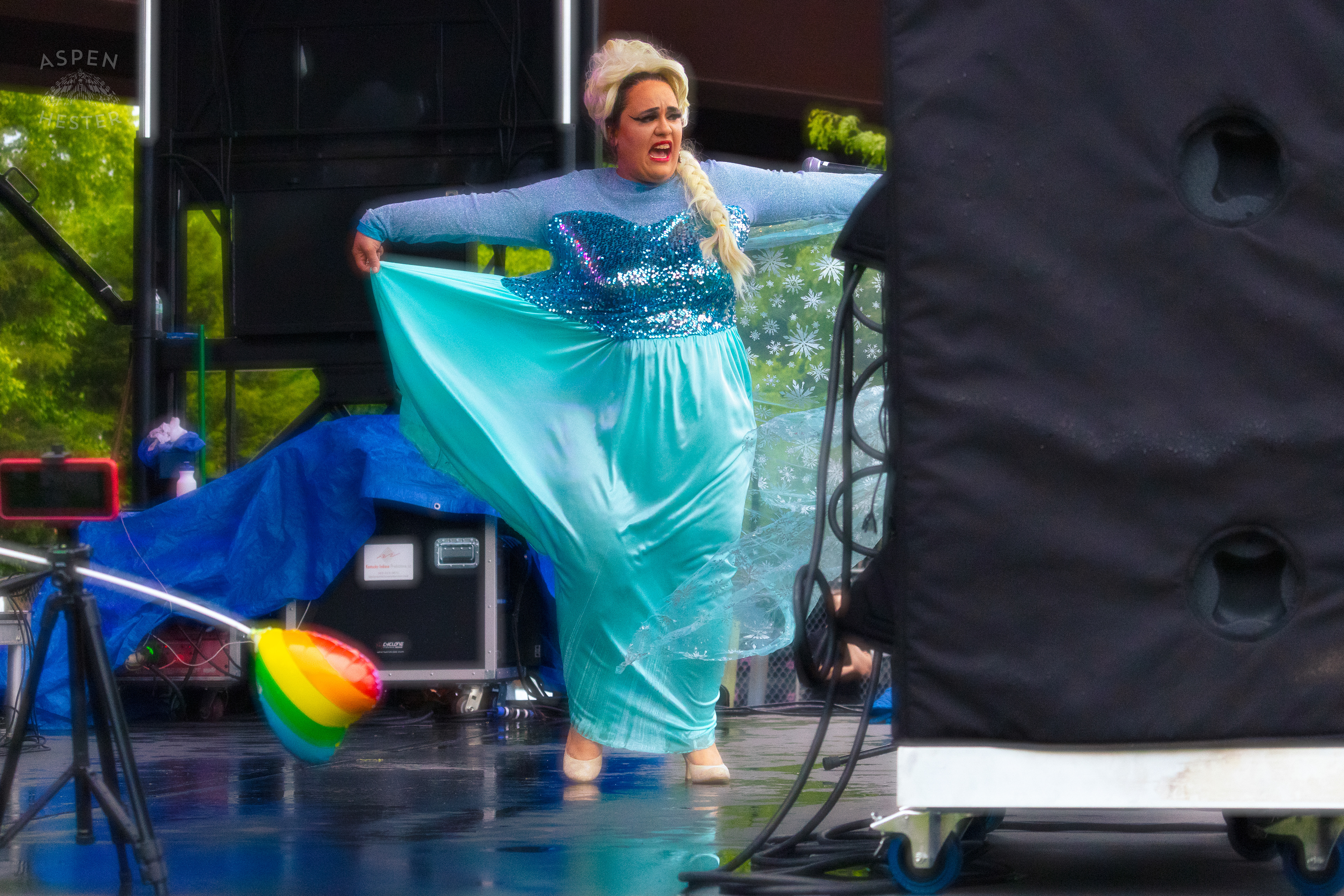 Drag Queen Performing 'Let It Go' from The Movie Frozen During Pride Bar's Family Friendly Drag Show at Southern Indiana Pride. June 1st, 2024/Aspen Hester
