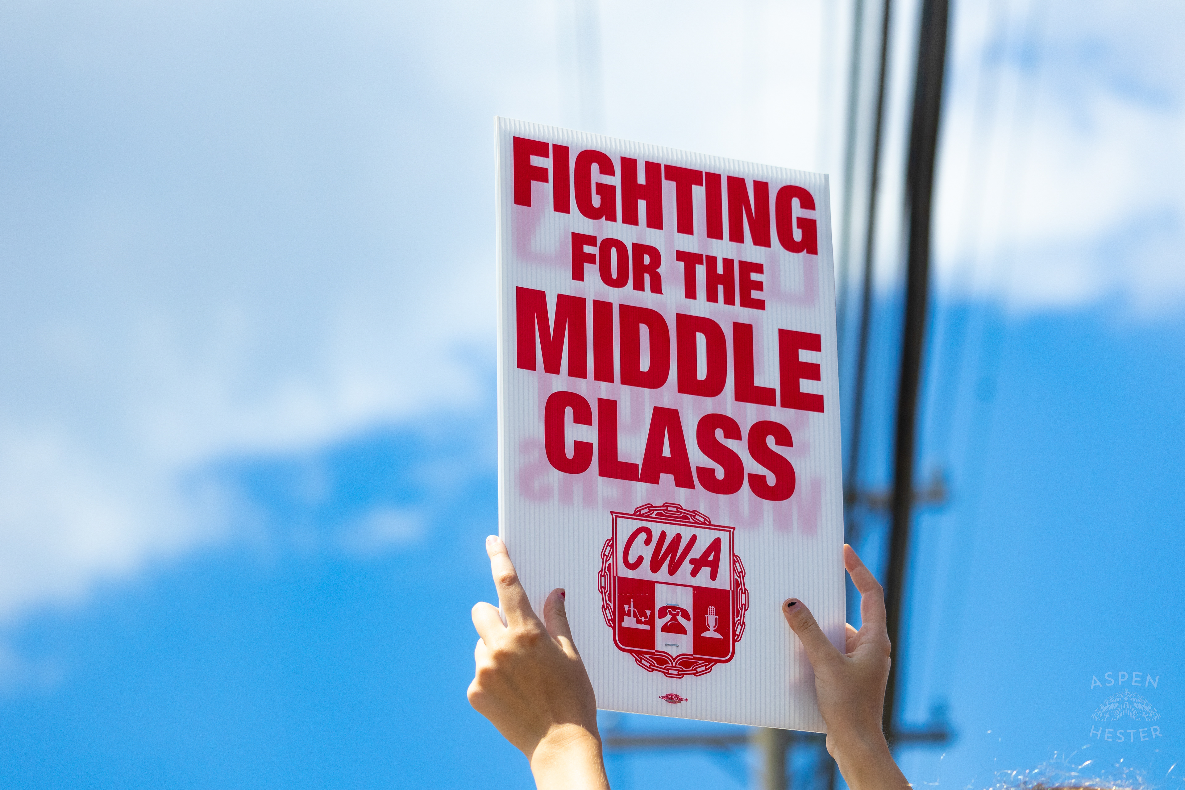 "FIGHTING FOR THE MIDDLE CLASS" Sign Used by A Member of The Communication Workers of America Union Striking Against AT&T for Fair Pay and Benefits. August 18th, 2024/Aspen Hester