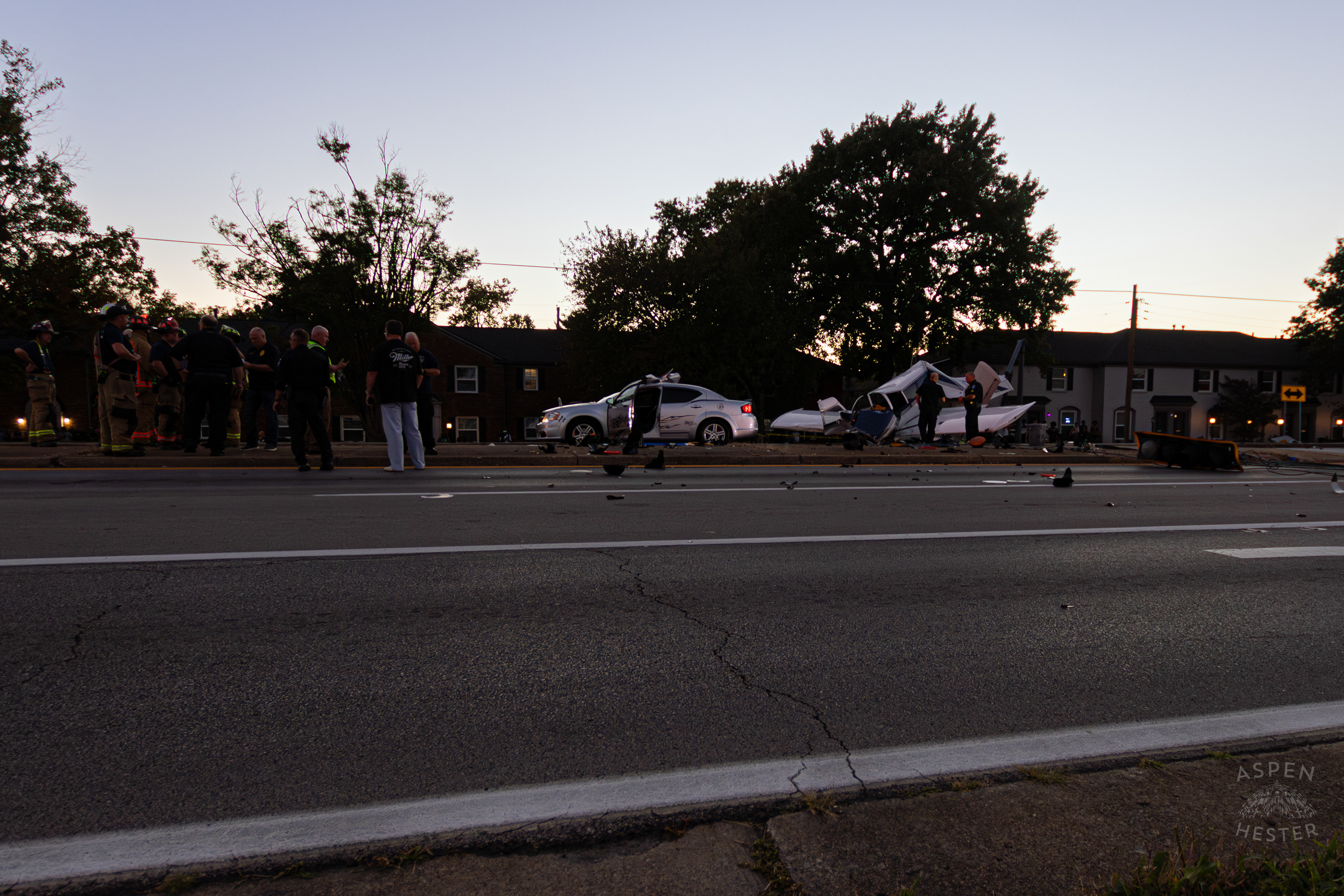 The Scene Where A Piper Cherokee Plane Crash Landed, Taking Out Utility Poles, and Hitting A Car on Breckenridge Lane and Kresge Way. October 11th, 2024/Aspen Hester 