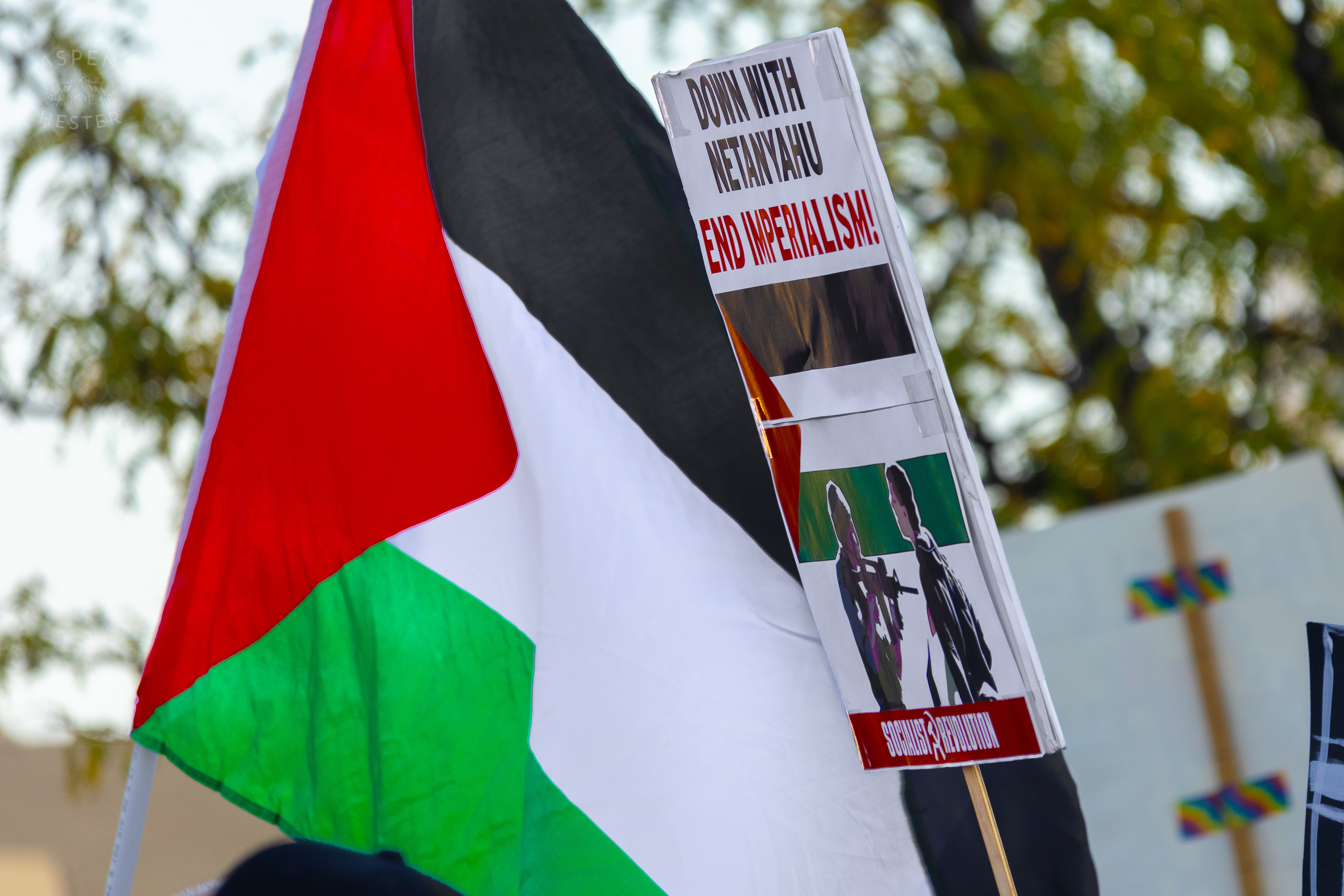 Protesters Demand The End of Benjamin Netanyahu’s Time as Israeli Prime Minister During Lousiville’s One Year of Gaza Genocide Rally. October 5th, 2024/Aspen Hester 
