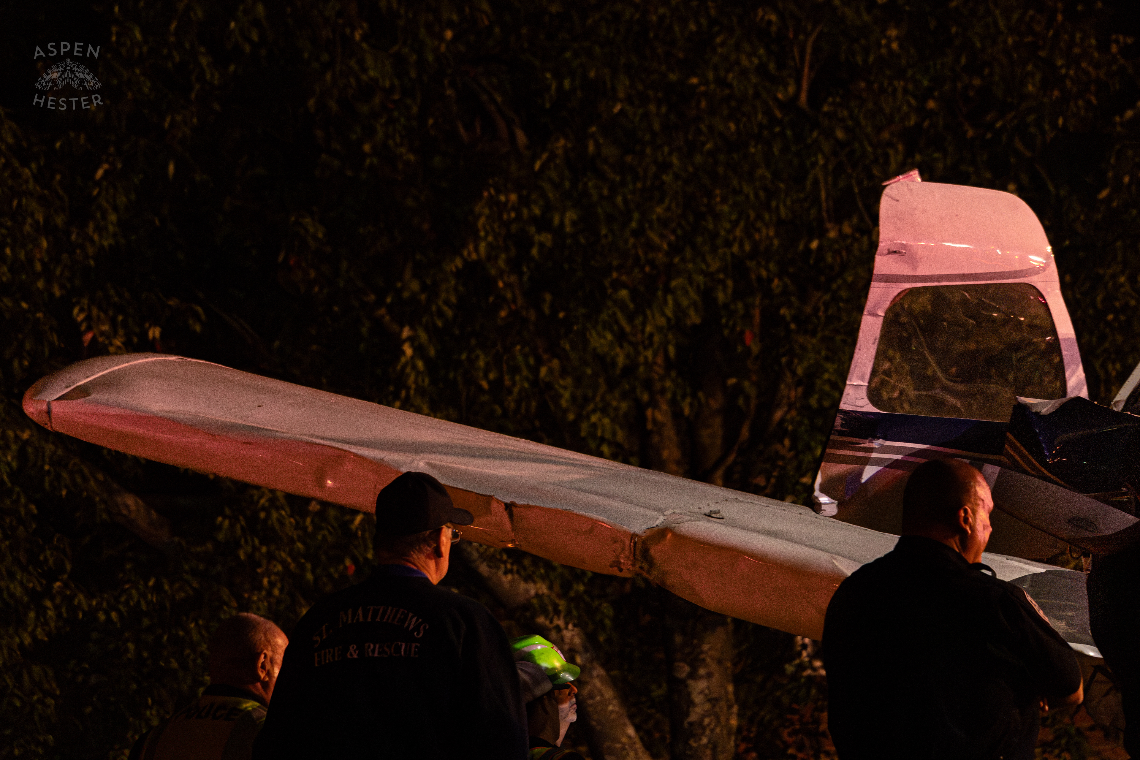 Smashed Door of The Piper Cherokee Plane after it Crash Landed, Taking Out Utility Poles, and Hitting A Car on Breckenridge Lane and Kresge Way. October 11th, 2024/Aspen Hester 