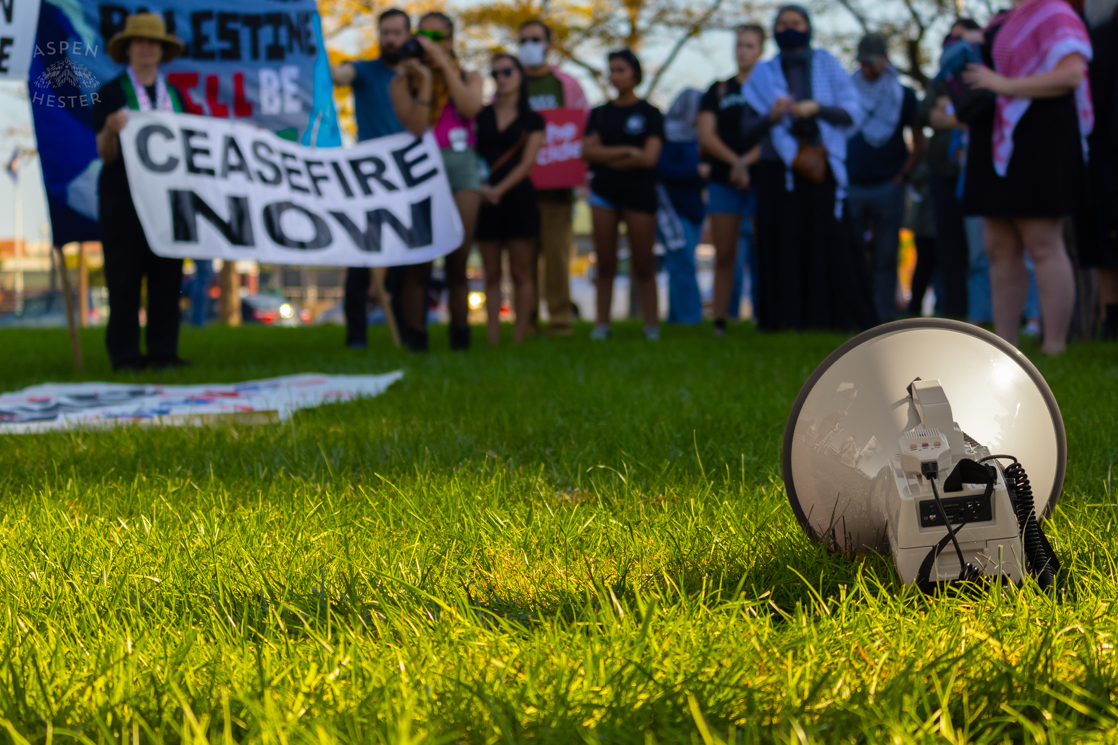 Protesters Standing Strong and Demanding Divestment and Peace During Lousiville’s One Year of Gaza Genocide Rally. October 5th, 2024/Aspen Hester 