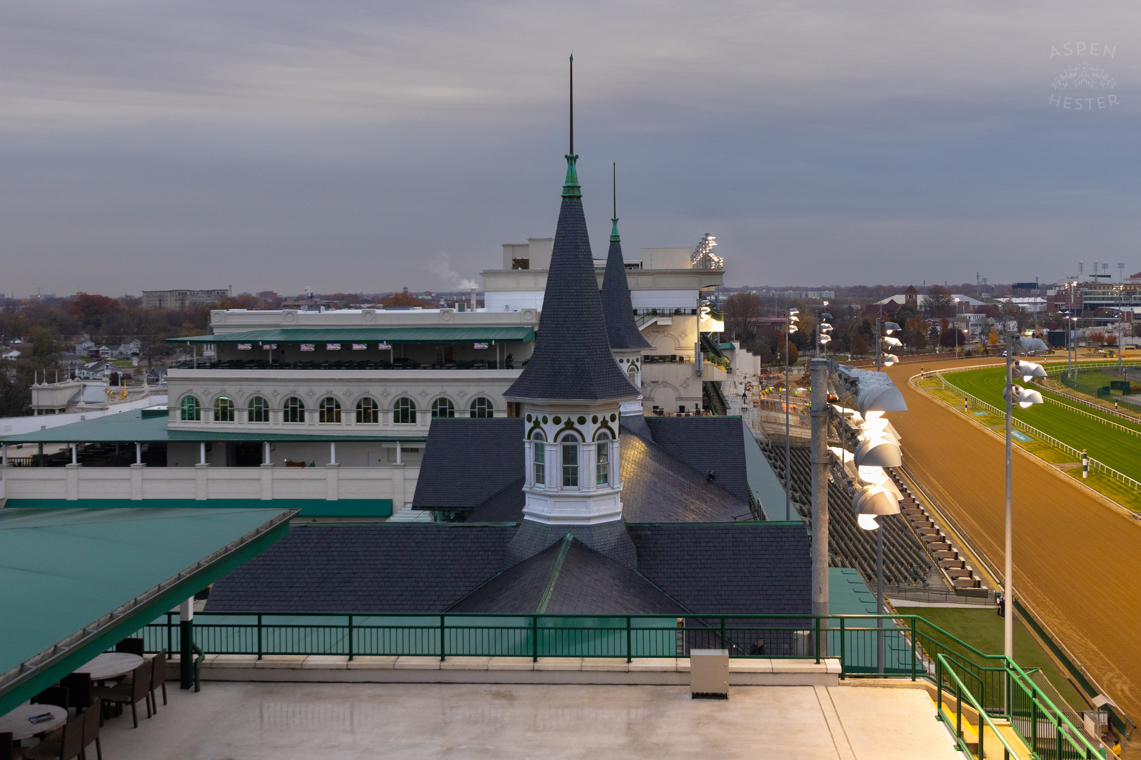 The Twin Spires at Eye Level Seen From The 6th Floor Mansion Balcony On The Day Bob Baffert Returned to Churchill Downs After A 3 Year Suspension. November 27th, 2024/Aspen Hester