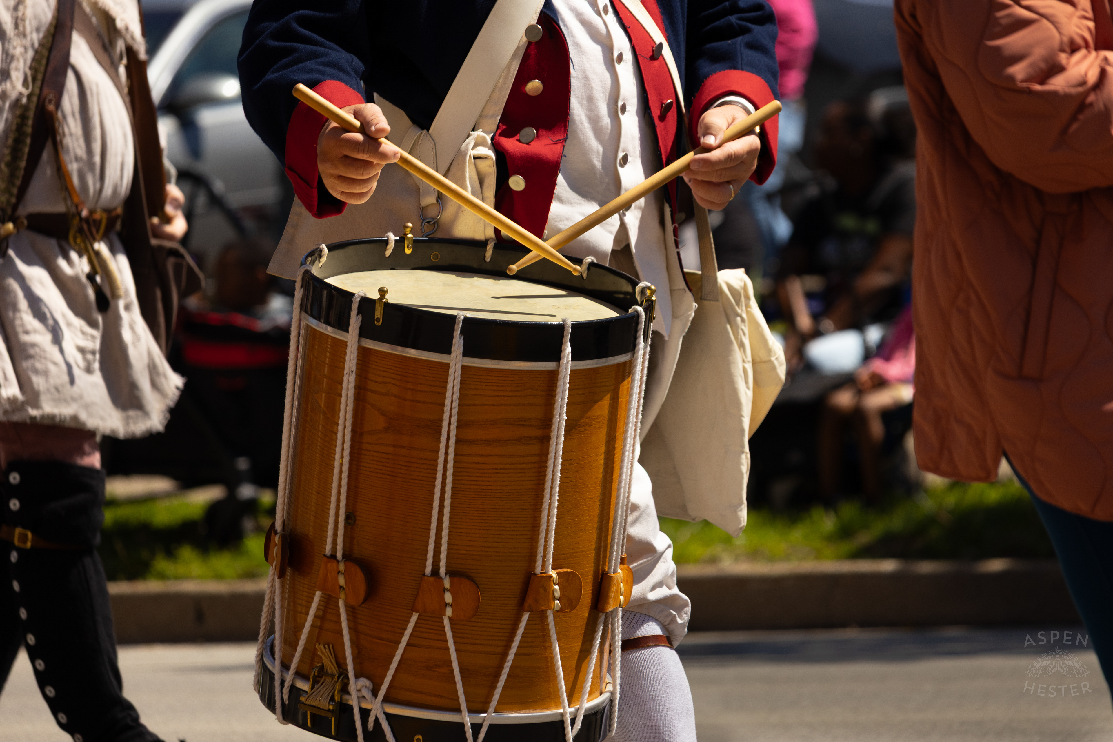 A Drummer for The Sons of The American Revolution Plays as He Walks Down West Broadway for The 70th Annual Pegasus Parade. April 27th, 2025/Aspen Hester