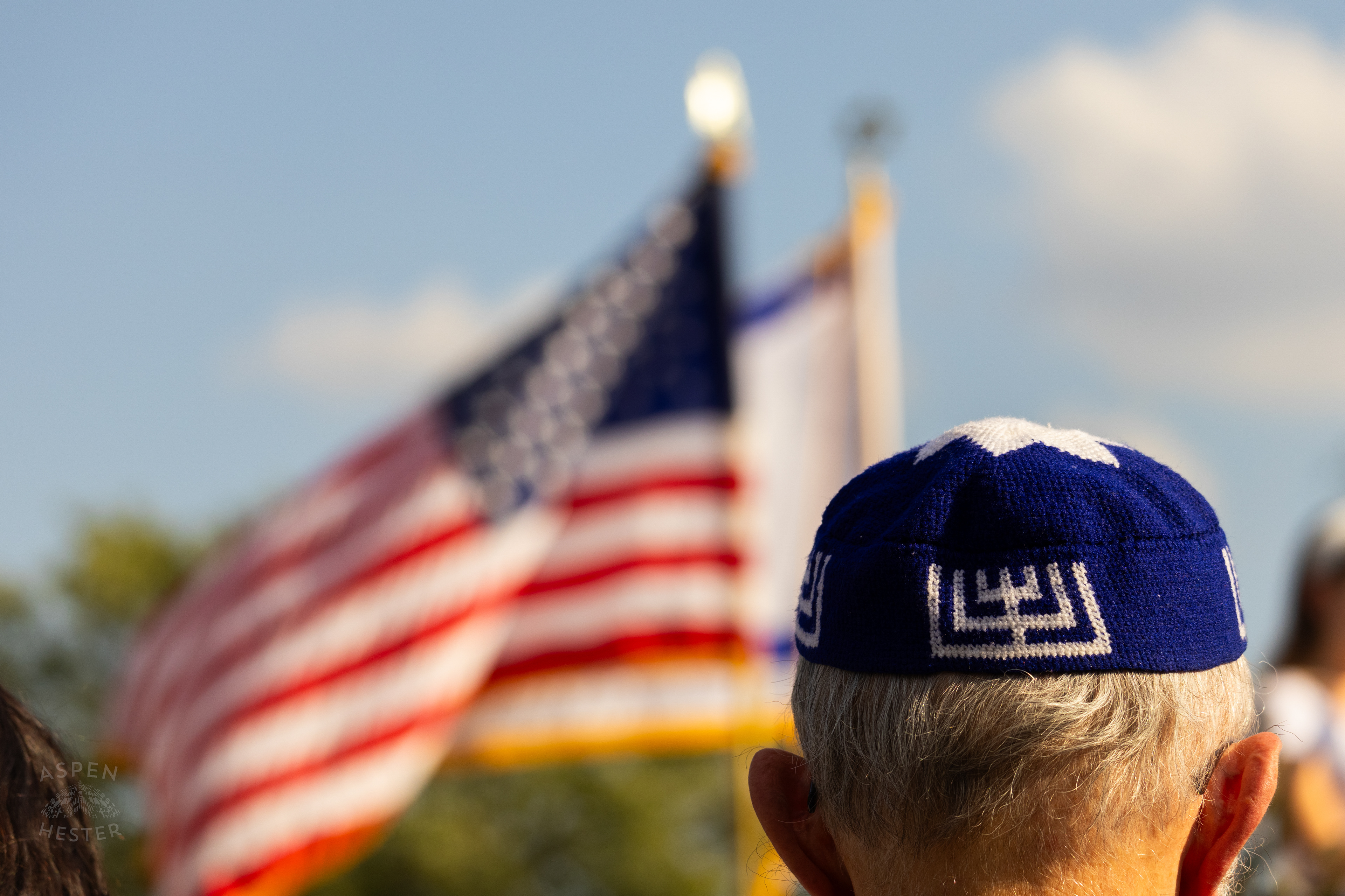 Decorated Kippah in the Crowd at The Trager Jewish Community Centers Gathering to Remember The Victims and Pray for Peace One Year After The October 7th 2023 Hamas Attack. October 6th, 2024/Aspen Hester
