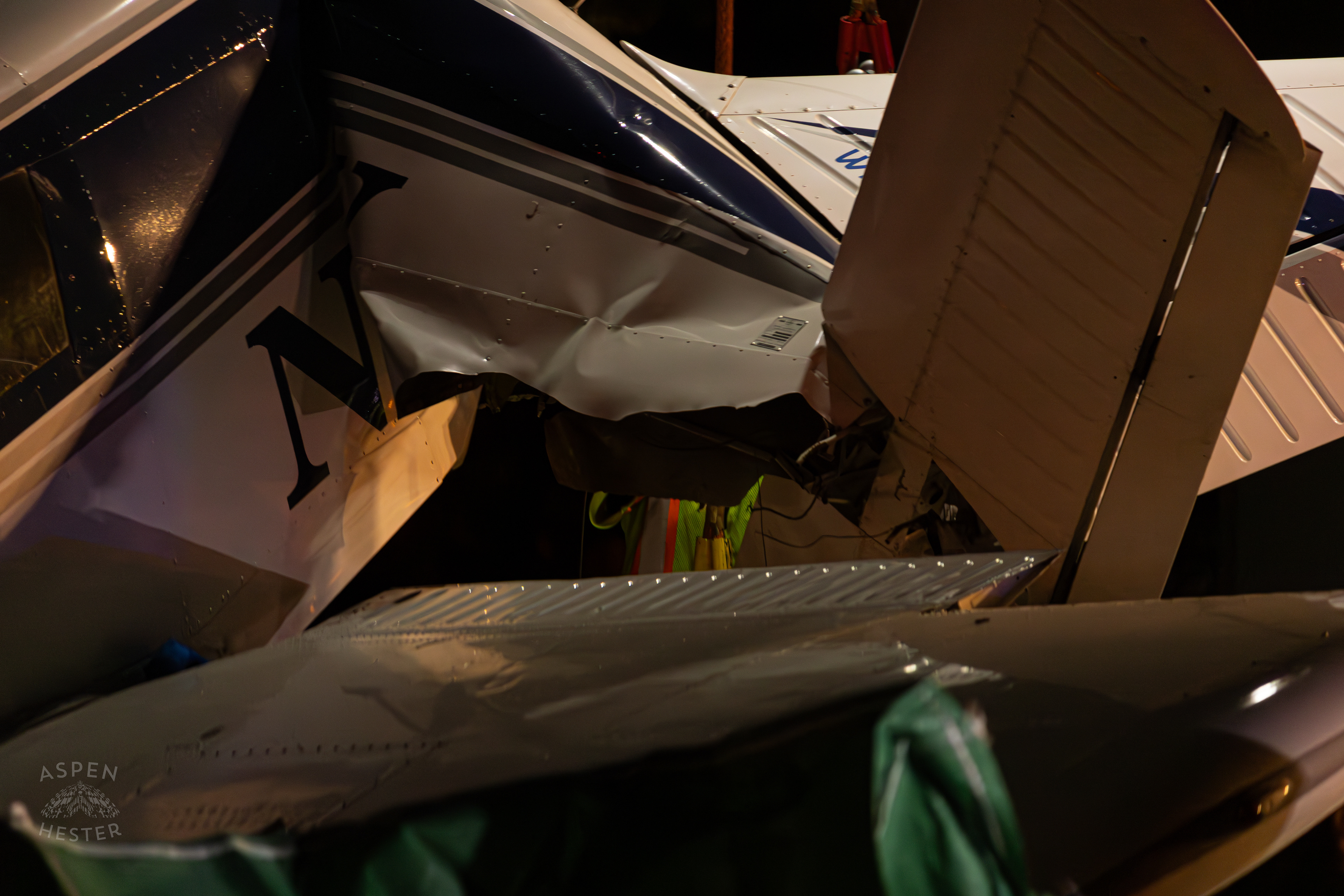The Piper Cherokee Plane Crumpled after it Crash Landed, Taking Out Utility Poles, and Hitting A Car on Breckenridge Lane and Kresge Way. October 11th, 2024/Aspen Hester 