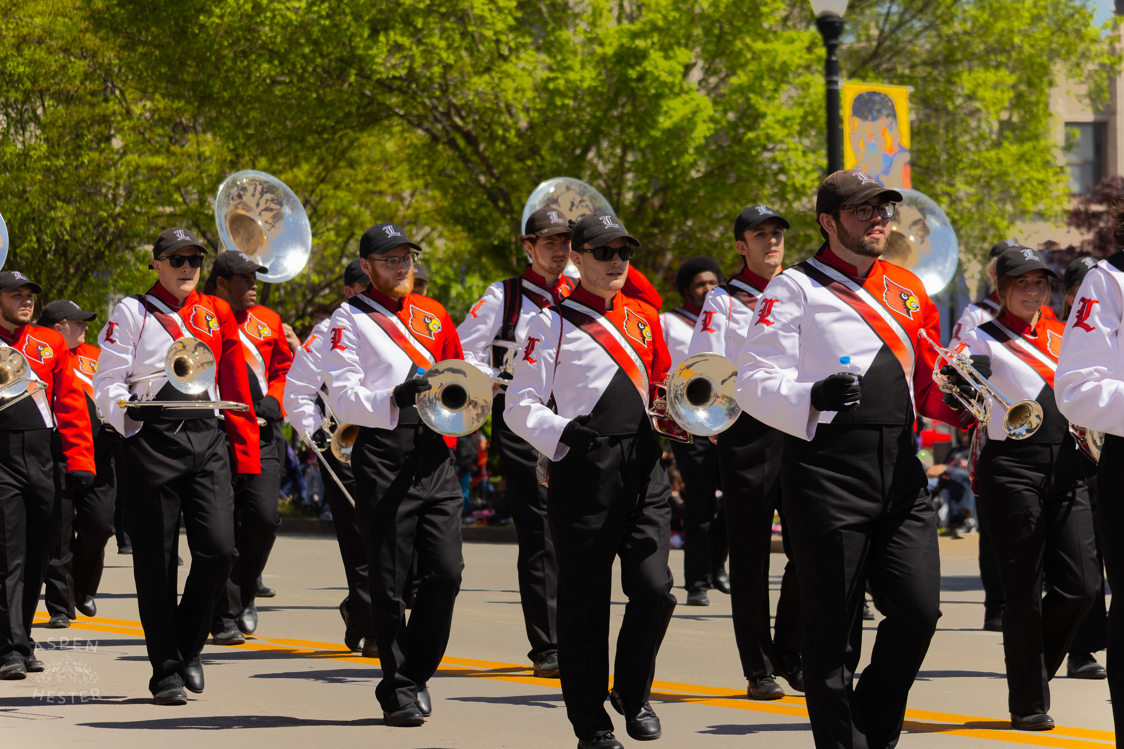 The University of Louisville Marching Band Walks Down West Broadway for The 70th Annual Pegasus Parade. April 27th, 2025/Aspen Hester