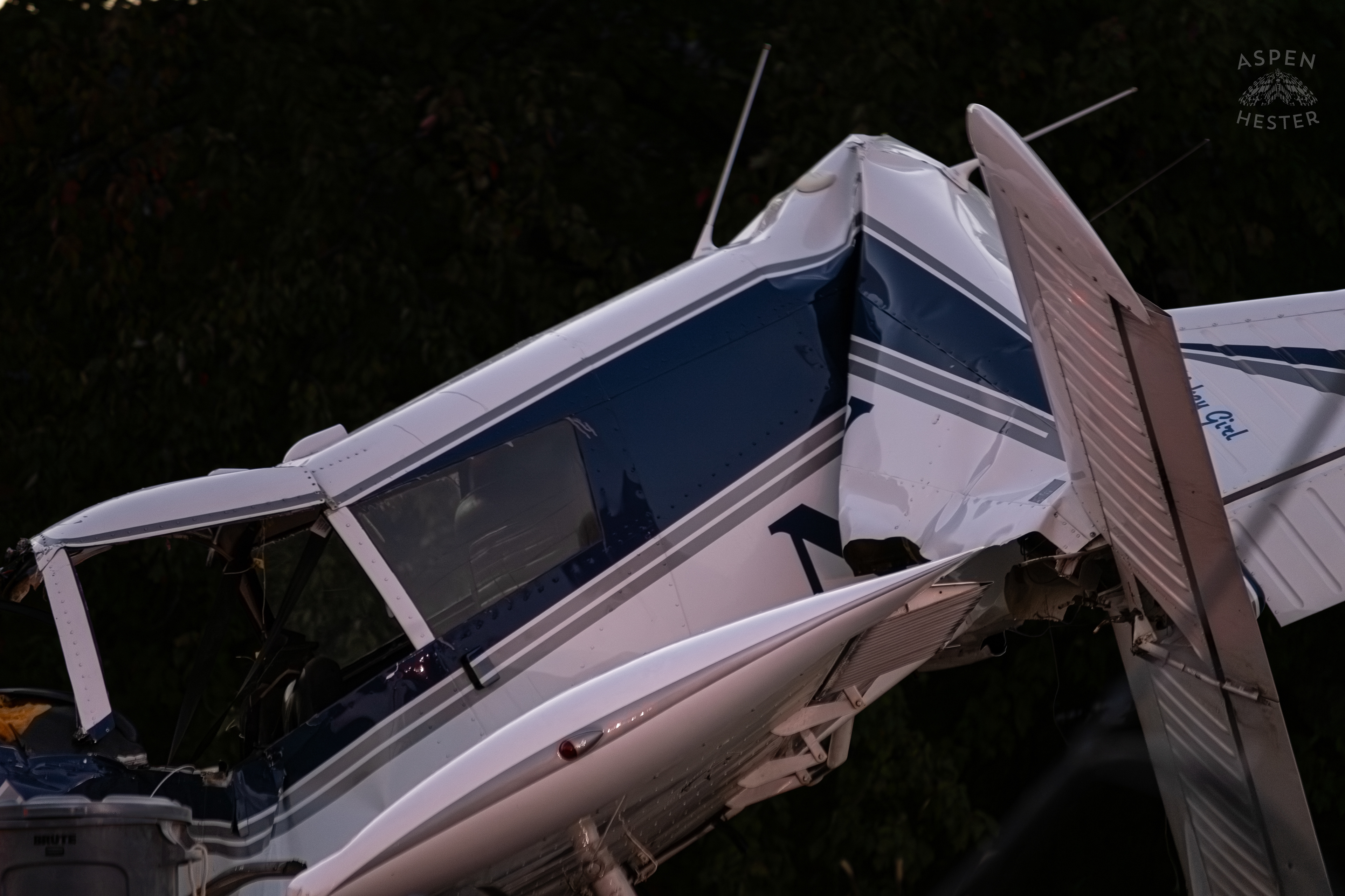 The Piper Cherokee Plane Crumpled after it Crash Landed, Taking Out Utility Poles, and Hitting A Car on Breckenridge Lane and Kresge Way. October 11th, 2024/Aspen Hester 