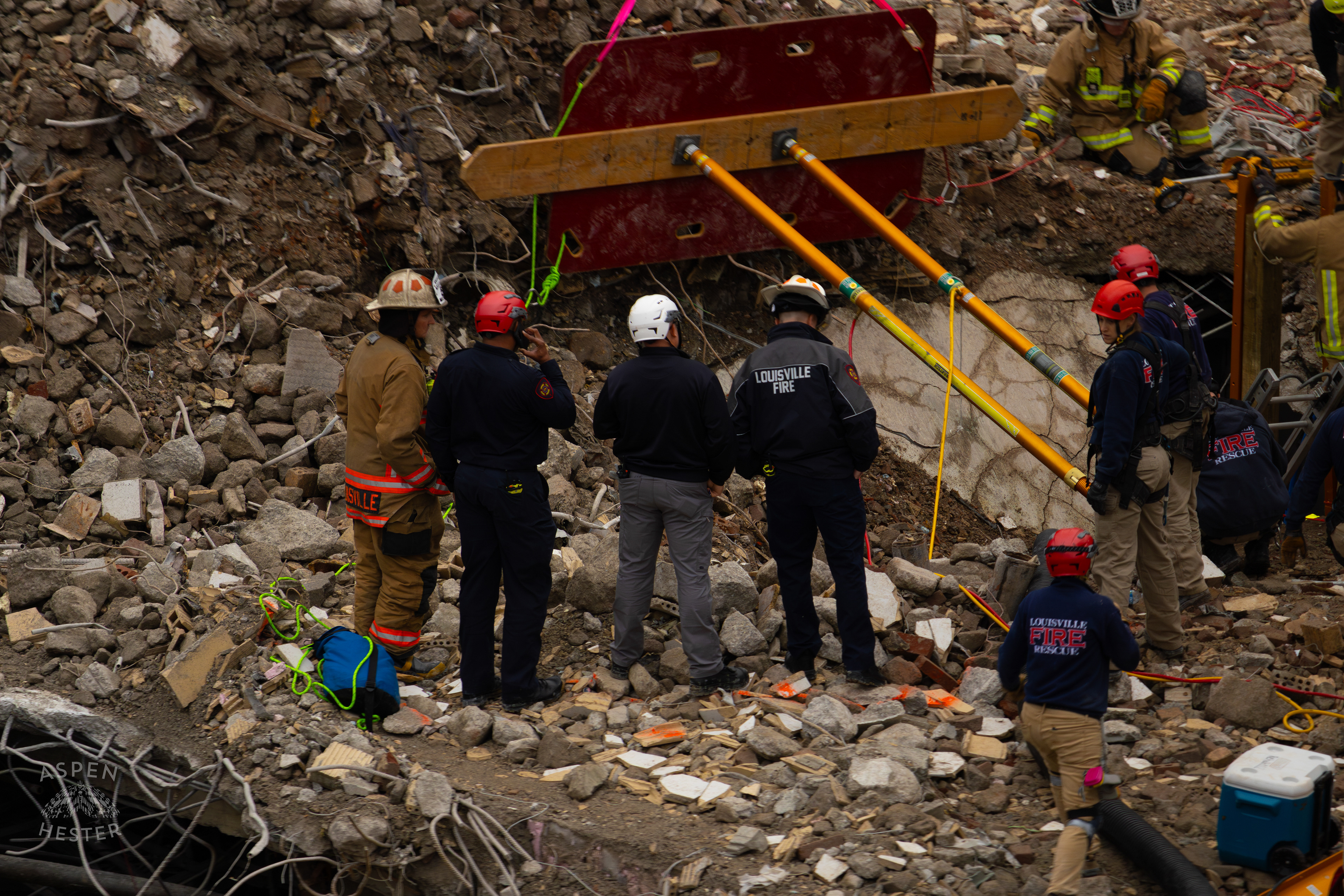 Massive Shoring Holds Back Rubble as Crew Members Anxiously Watch the 8+ Hour LFD Effort to Free A Trapped Demo Worker. November 11th, 2024/Aspen Hester