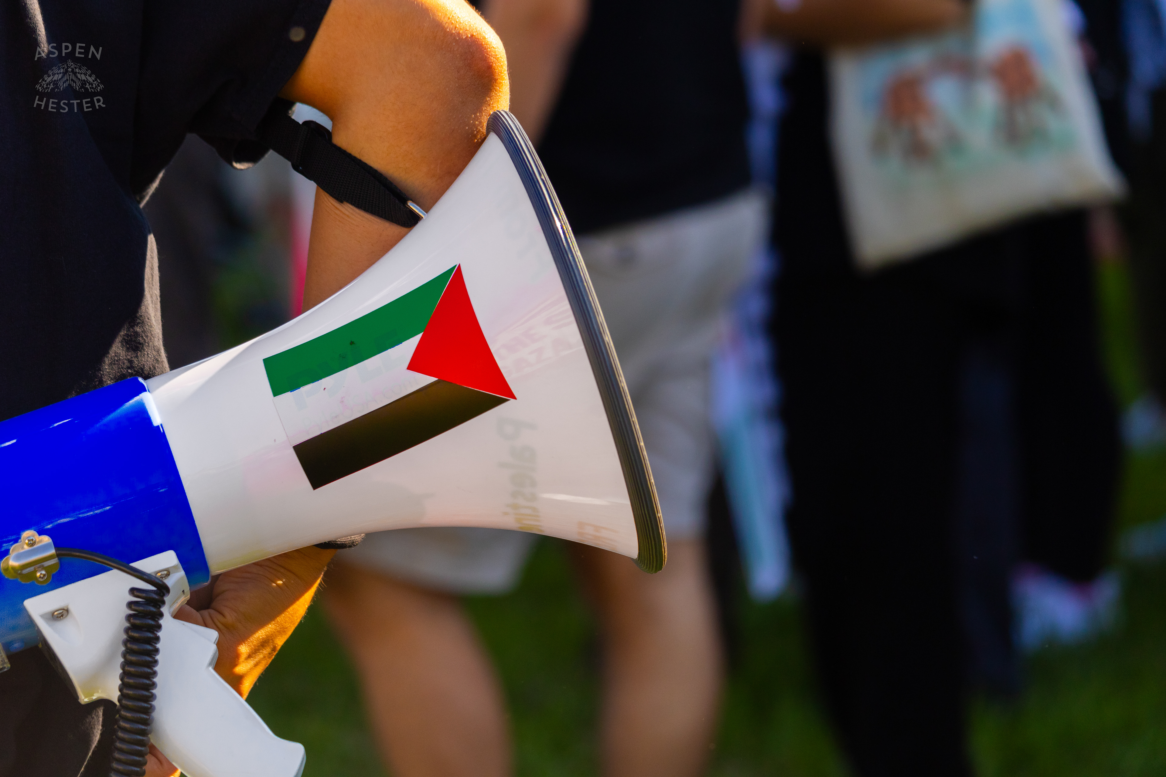 Palestinian Flag Displayed on A Megaphone During Louisville's One Year of Gaza Genocide Rally. October 5th, 2024/Aspen Hester 