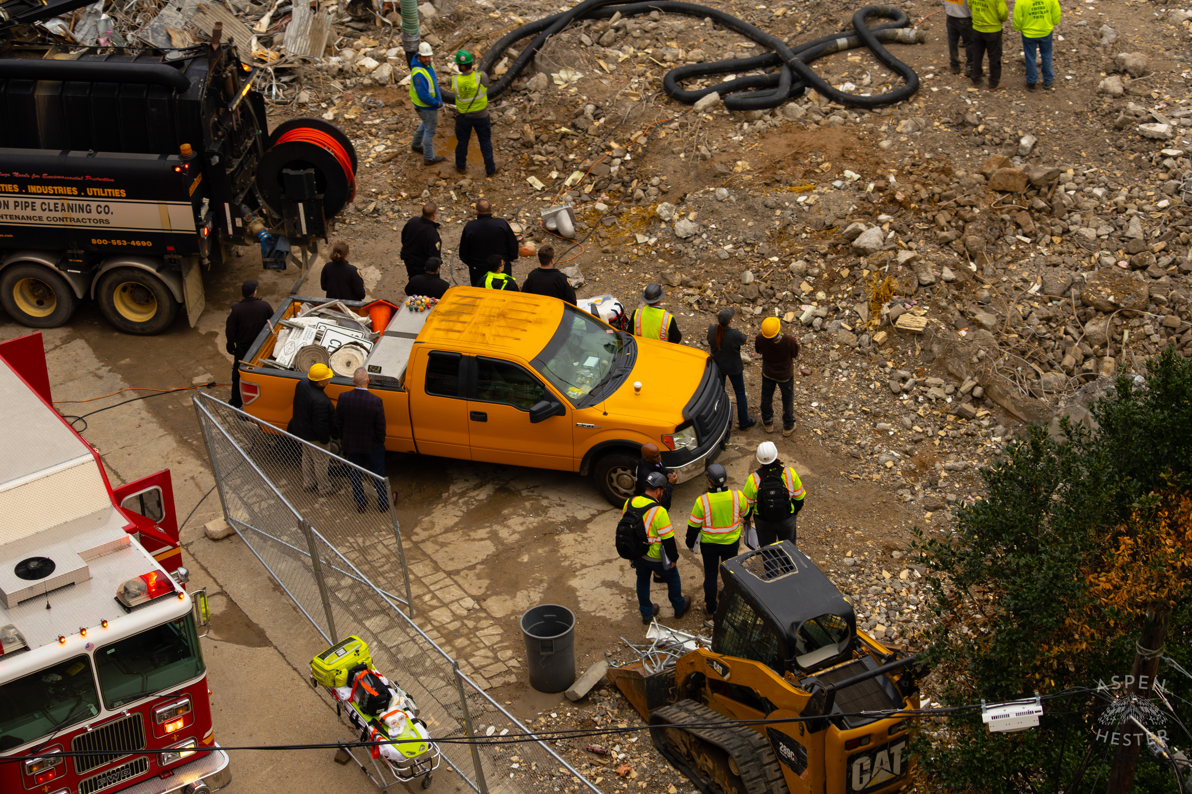 Construction Workers and Other Officials Watch the 8+ Hour LFD Effort to Free A Trapped Demo Worker. November 11th, 2024/Aspen Hester
