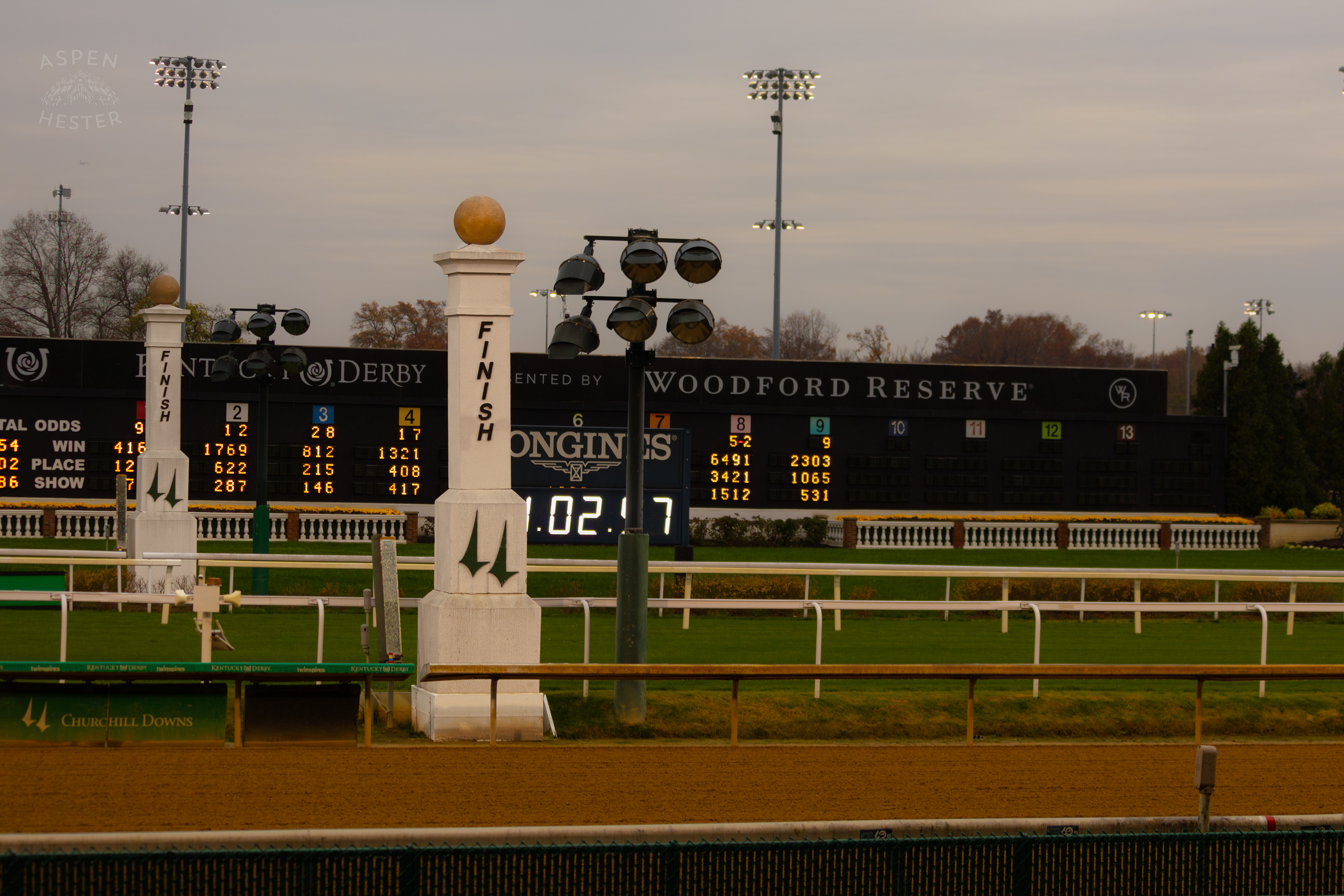The Infamous Finish Post at Churchill Downs On The Day Bob Baffert Returned After A 3 Year Suspension. November 27th, 2024/Aspen Hester
