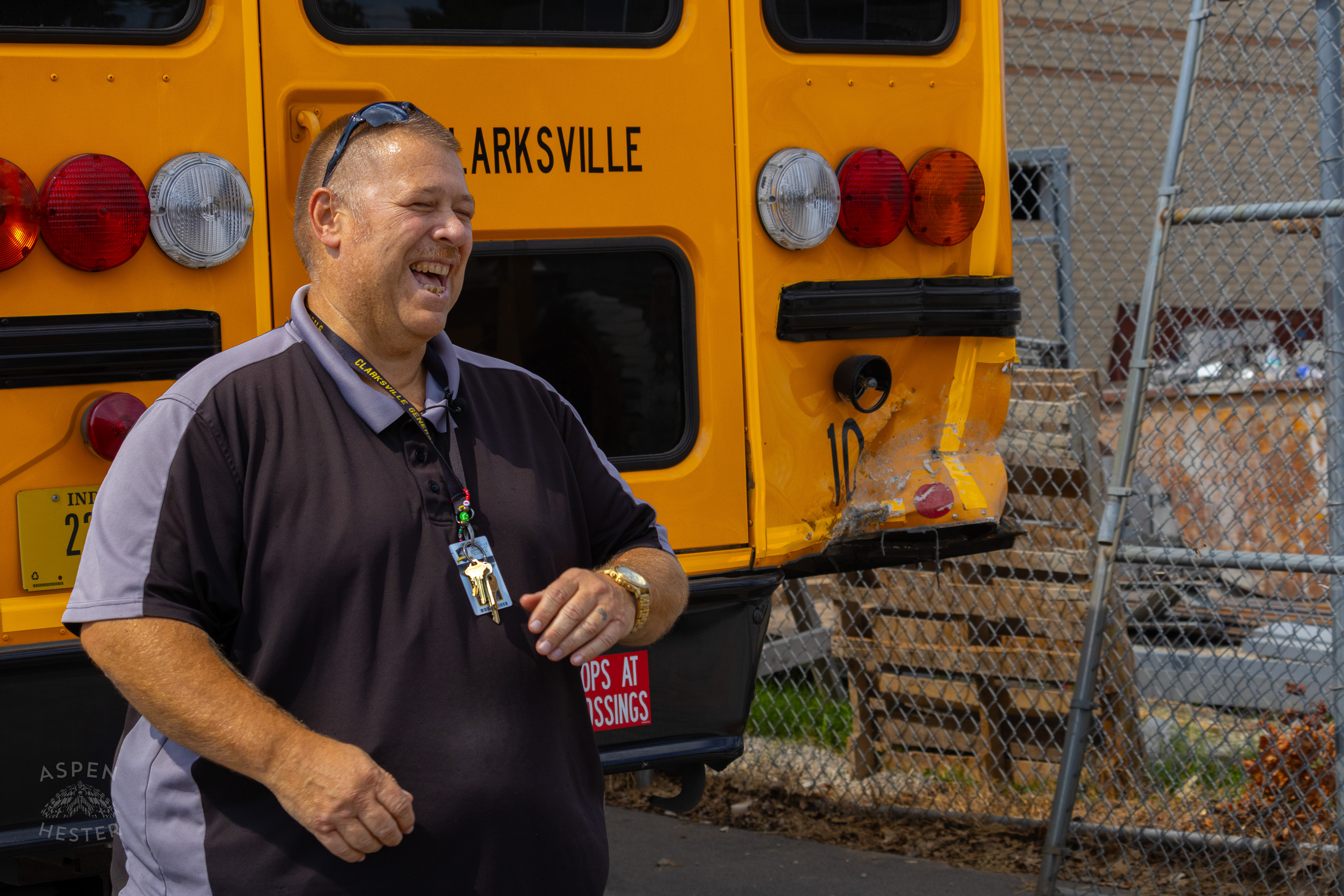 Michael Cain Next to The Clarksville Community School Cooperation Bus He Was Driving After A Dodge Charger Crashed into it at Full Speed. August 14th, 2024/Aspen Hester
