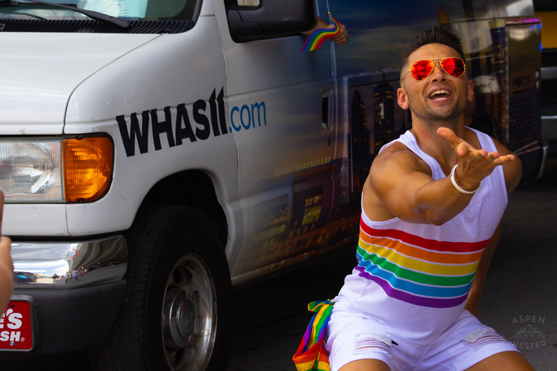 WHAS-11’s Matt Breeland Dancing Down Market Street During The Annual Parade at Kentuckiana Pride 2025. June 21th, 2025/Aspen Hester 
