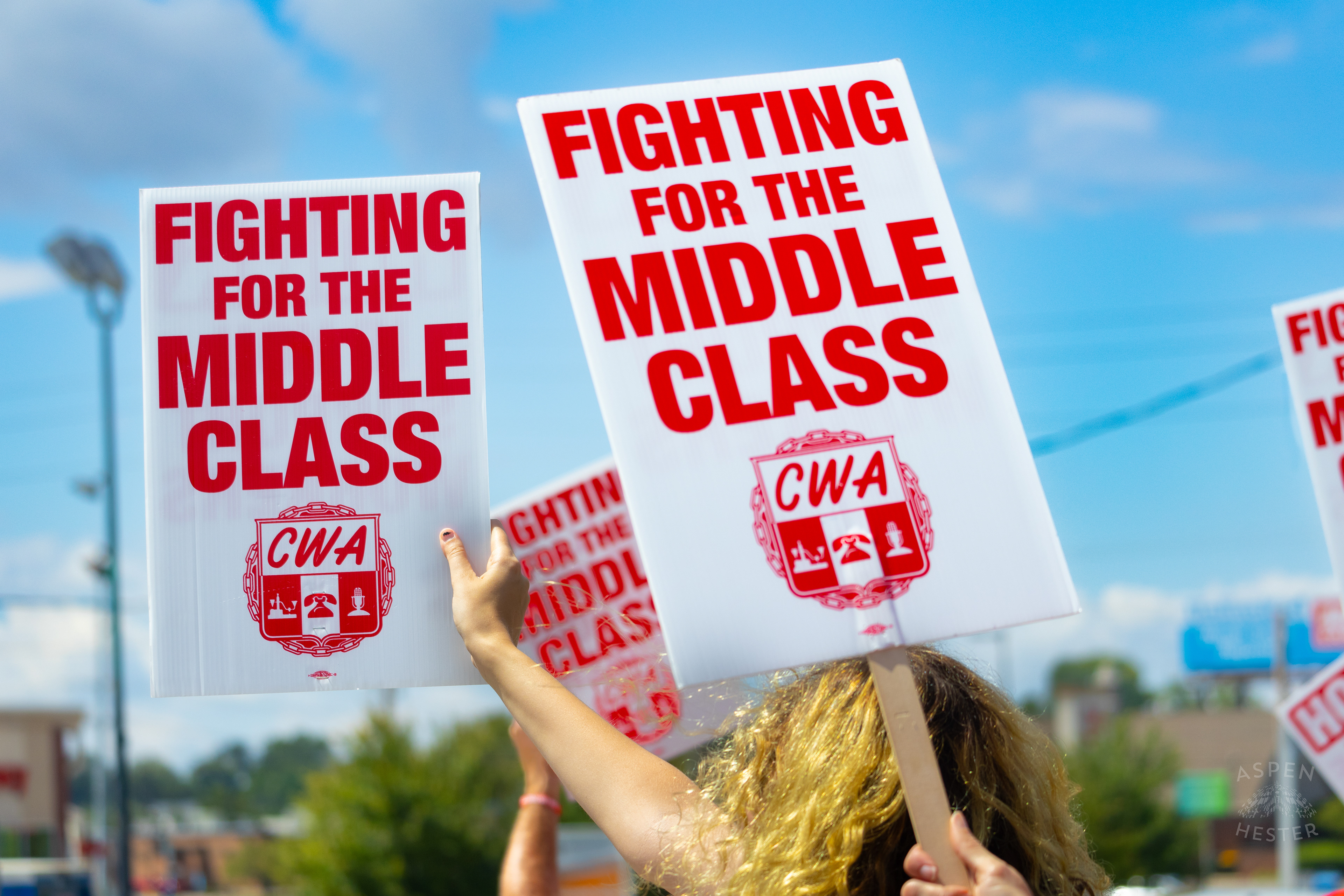 Signs Used by Members of The Communication Workers of America Union and Supporters Striking Against AT&T for Fair Pay and Benefits. August 18th, 2024/Aspen Hester