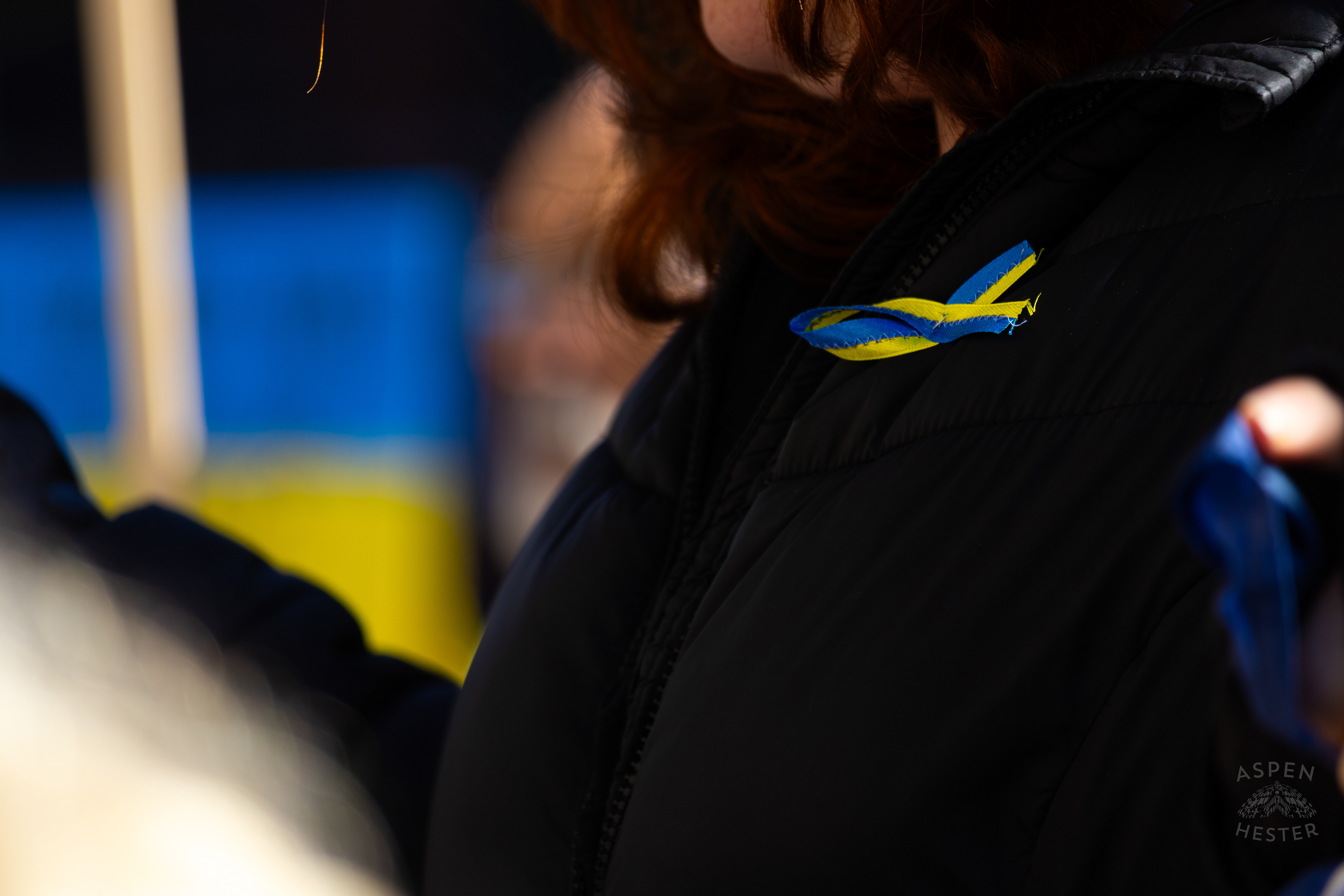 A Ukraine Ribbon Pinned on The Shirt of A Louisvillian as The Community Rallies in Support of Ukraine. March 2nd, 2025/Aspen Hester