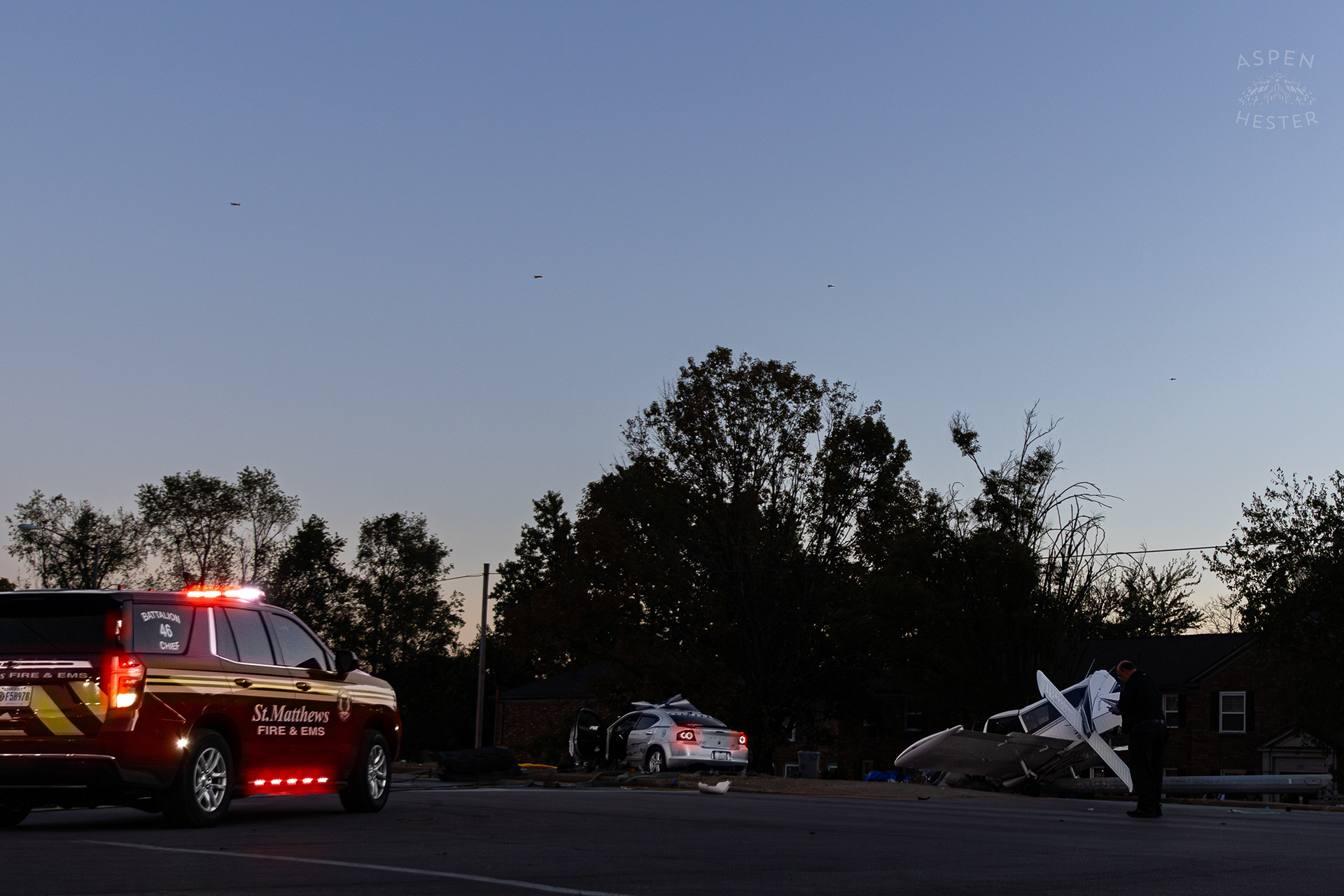 Other Small Planes from Bowmen Field Paying Tribute in A Fly By after A Piper Cherokee Plane Crash Landed, Taking Out Utility Poles, and Hitting A Car on Breckenridge Lane and Kresge Way. October 11th, 2024/Aspen Hester 