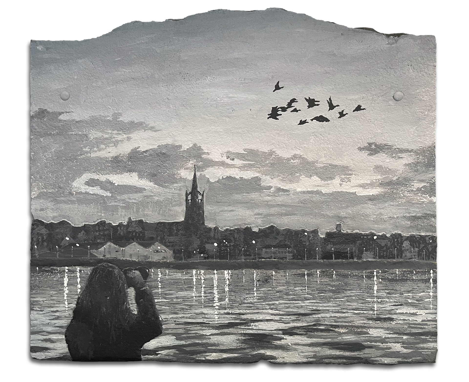 Arbroath at Dusk. A custom photo collage at the client's request. 40 x 30 cm Acrylic on Stone.