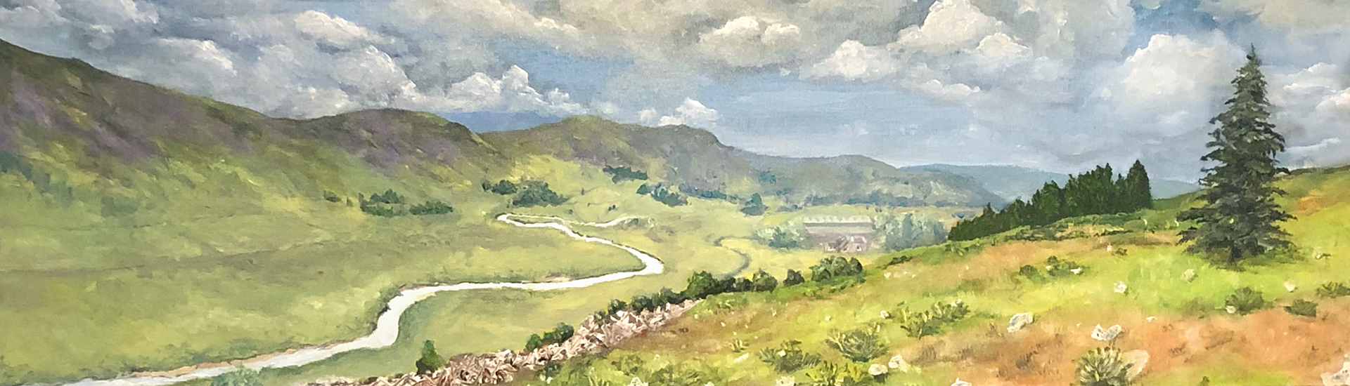 Glen Clova. The client requested bright colours, an accentuated farm and a pine tree. 70 x 20 cm oil on canvas.
