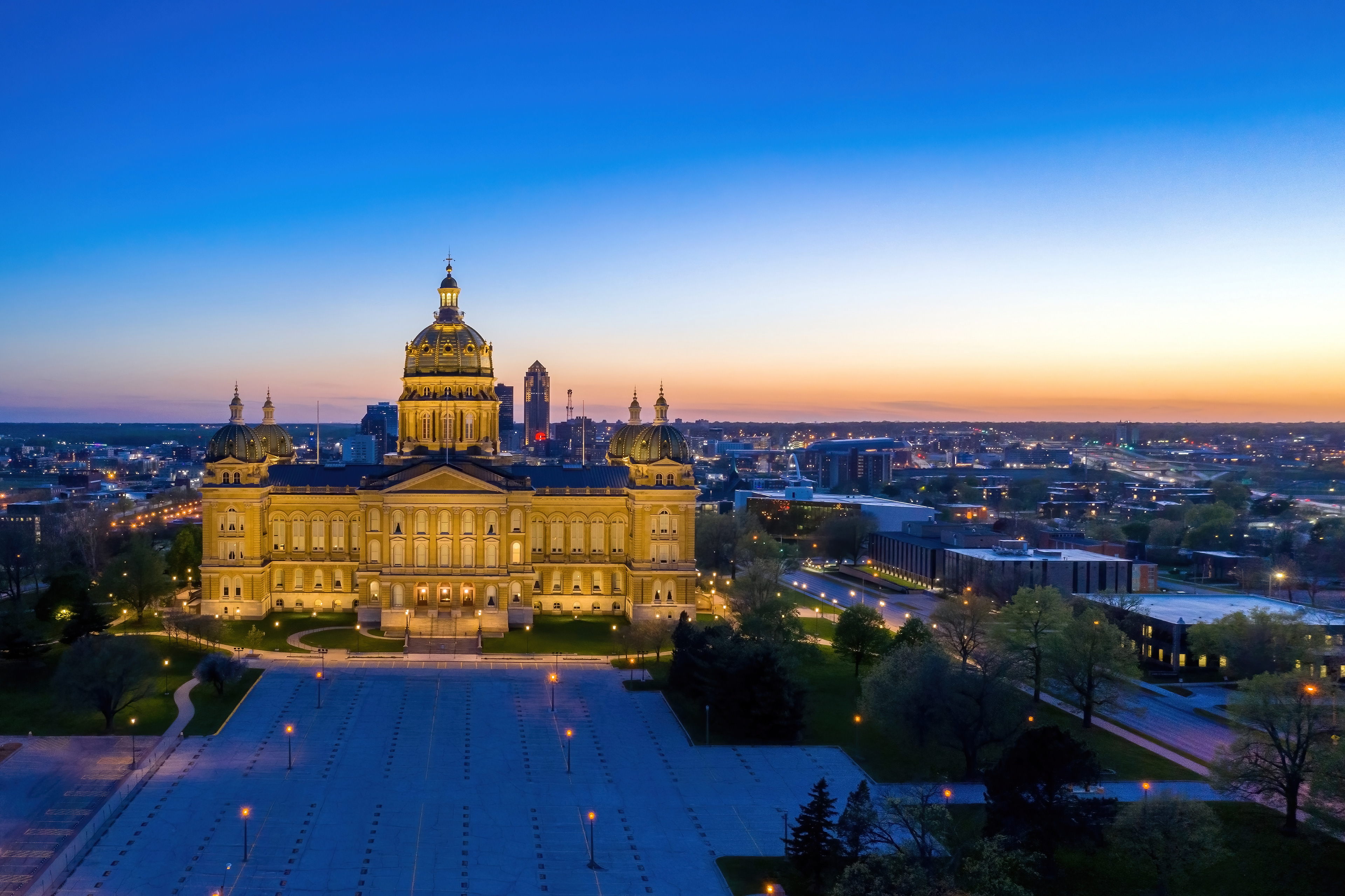 Aerial of the State Capitol Building at Sunset