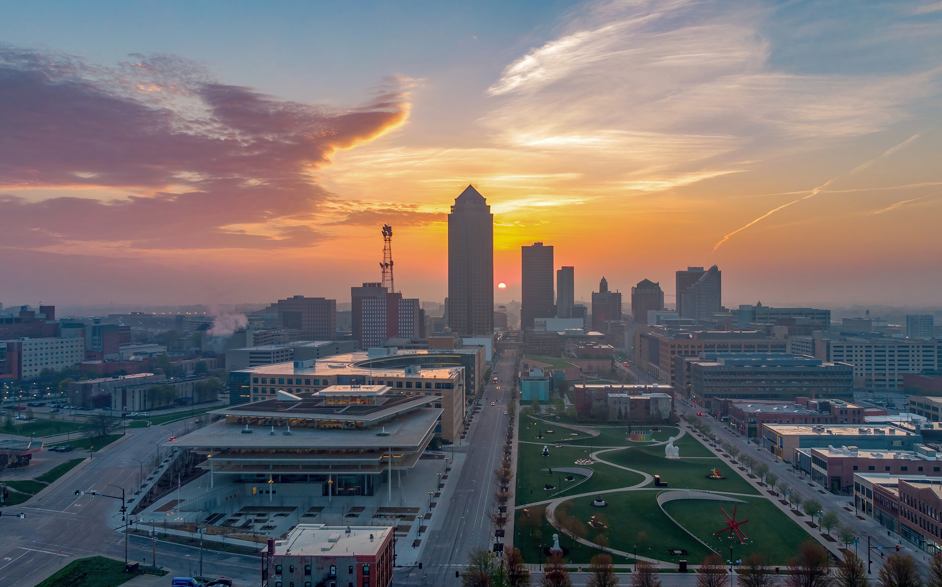 Sunrise Aerial Looking Toward the Skyline