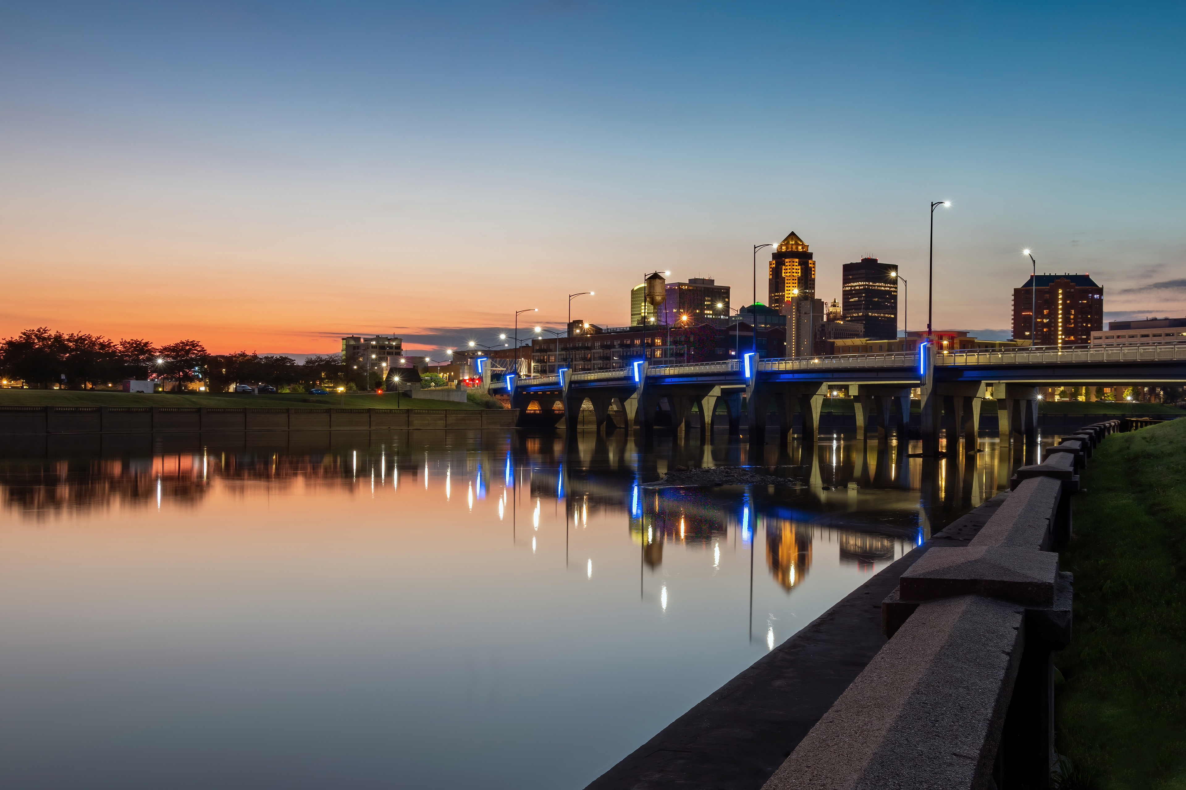 Skyline Reflecting in the River at Sunset